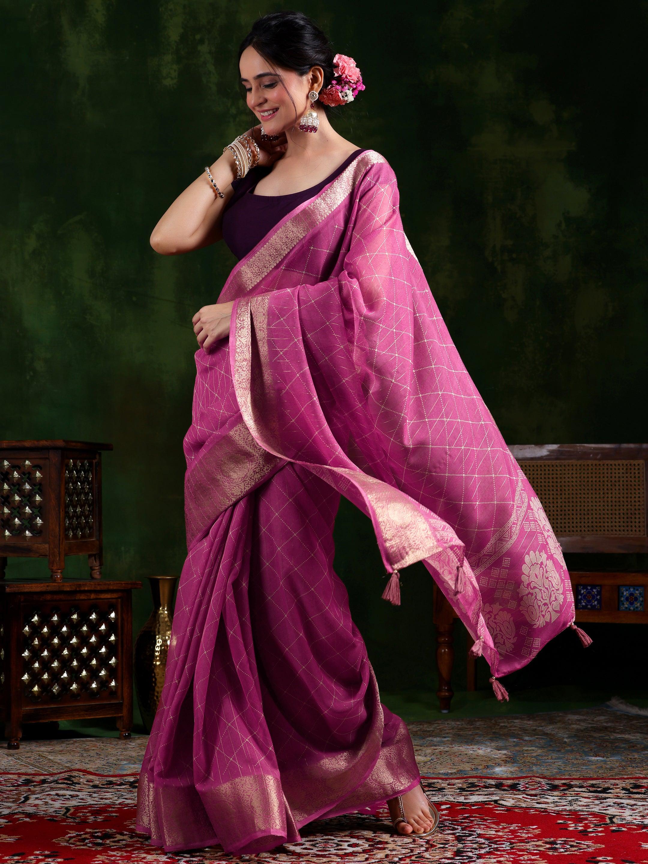 Pink Printed Silk Blend Saree With Unstitched Blouse Piece