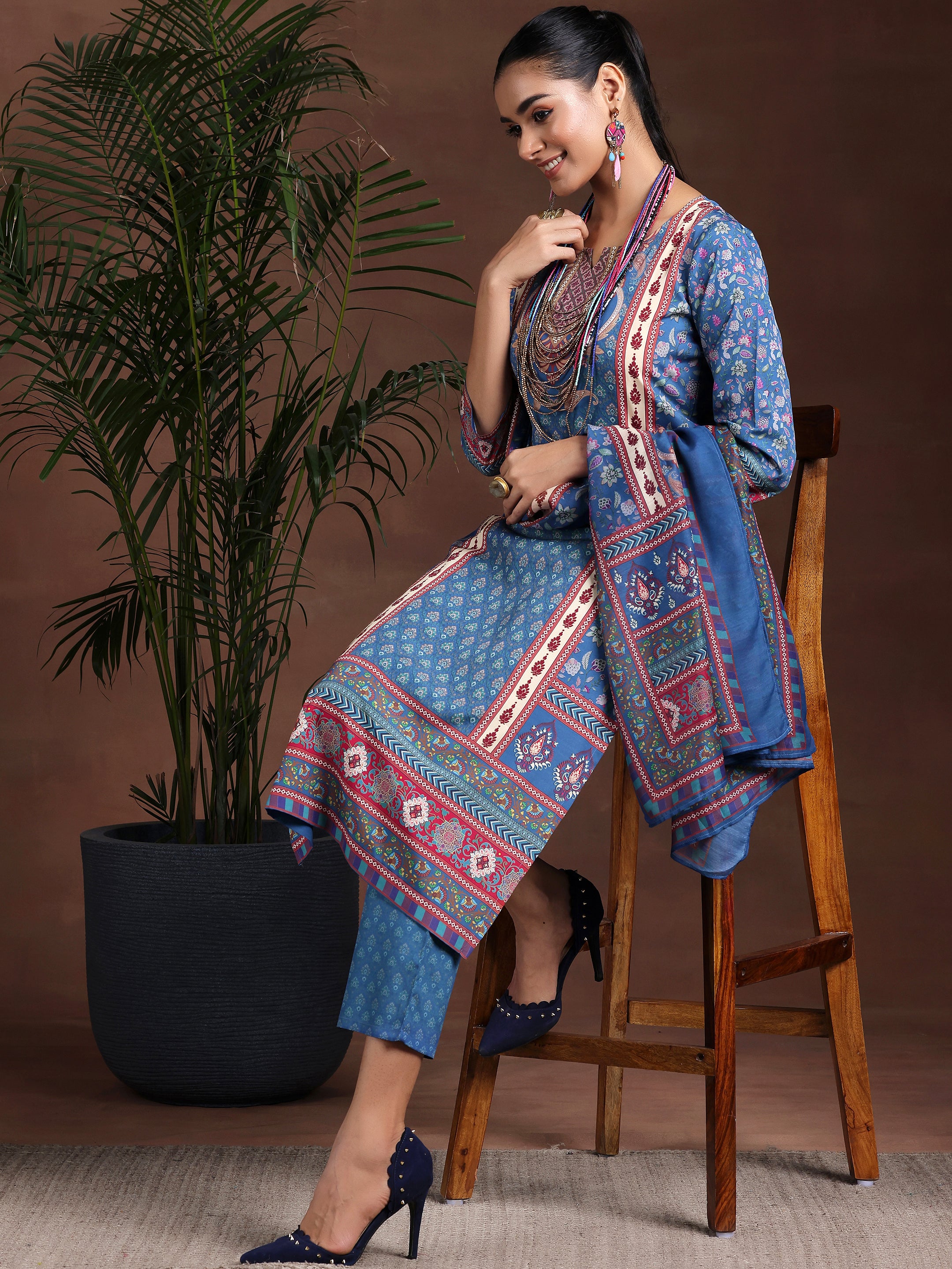 Blue Printed Poly Crepe Straight Suit With Dupatta