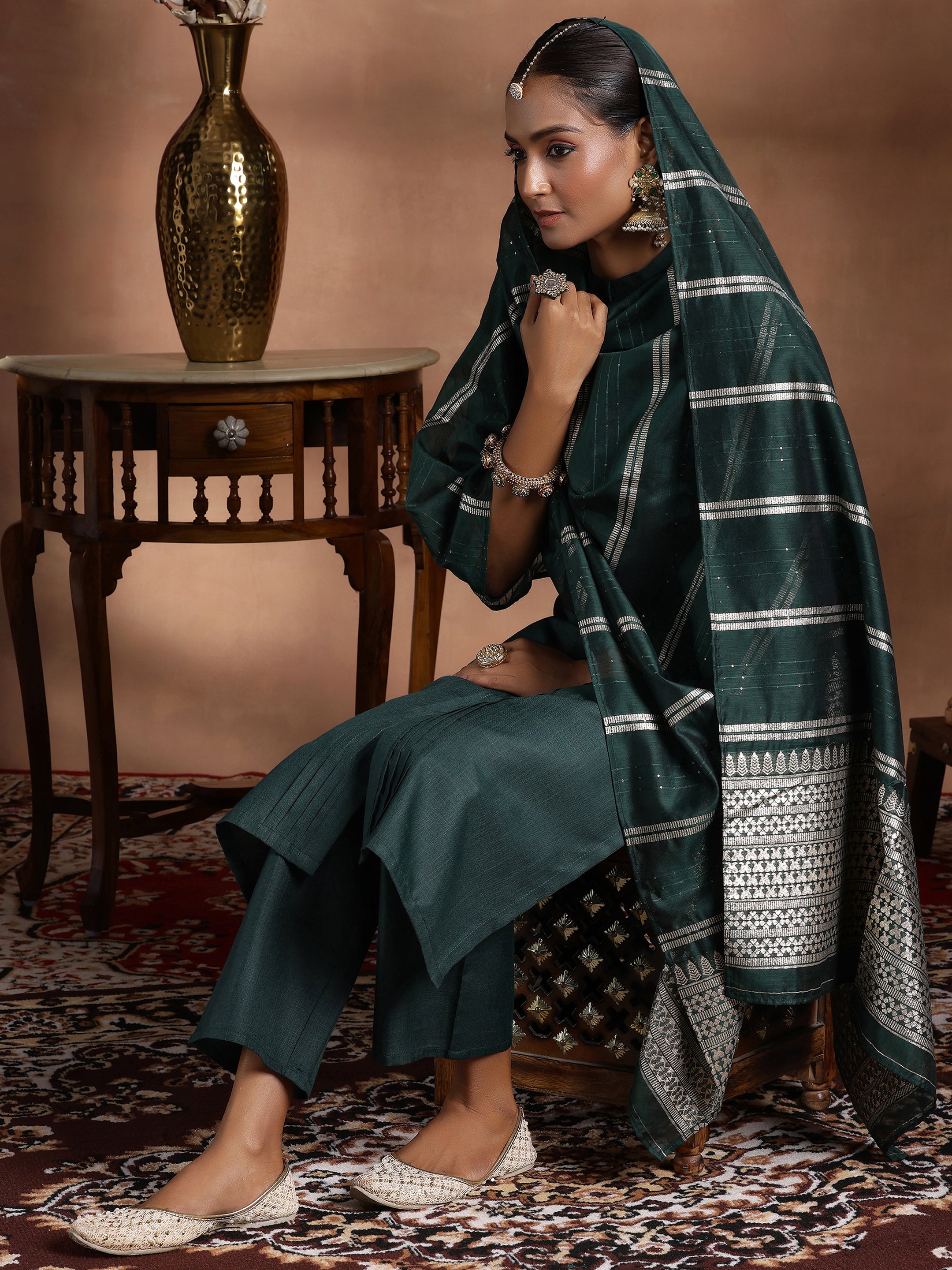 Green Solid Silk Blend Straight Suit With Dupatta