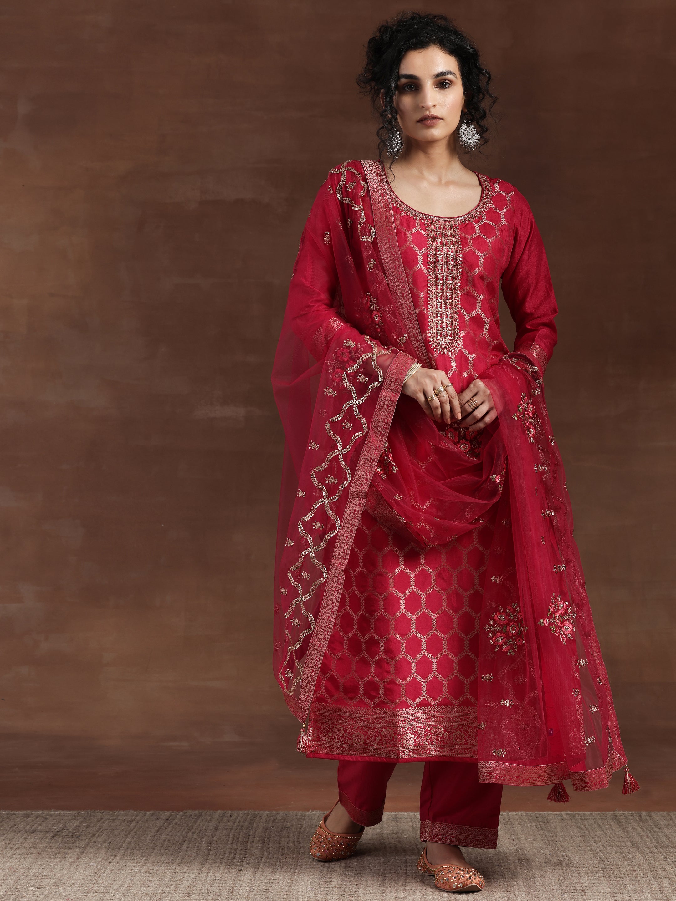 Pink Woven Design Silk Blend Straight Suit With Dupatta