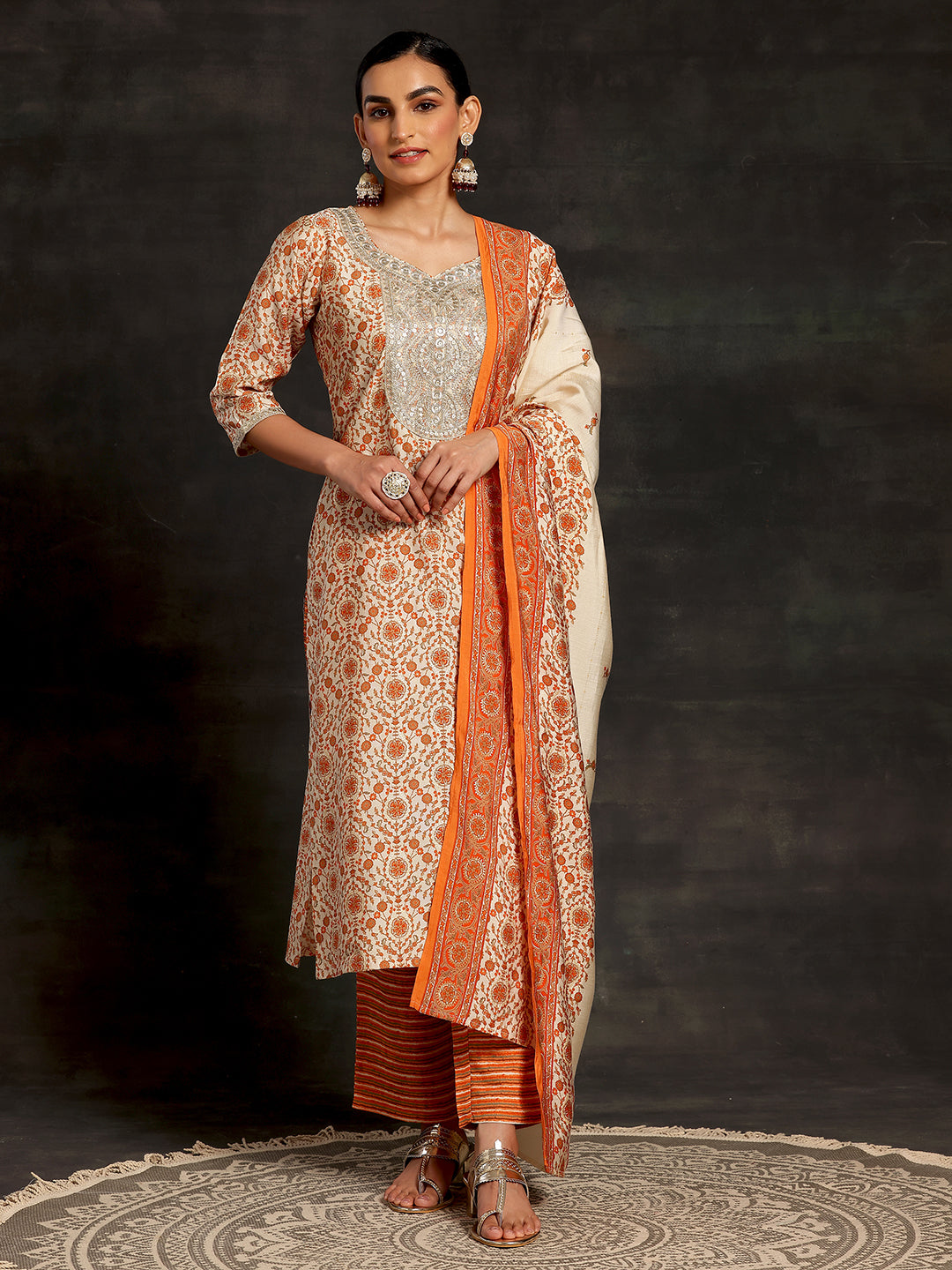 Beige Printed Silk Blend Straight Suit With Dupatta