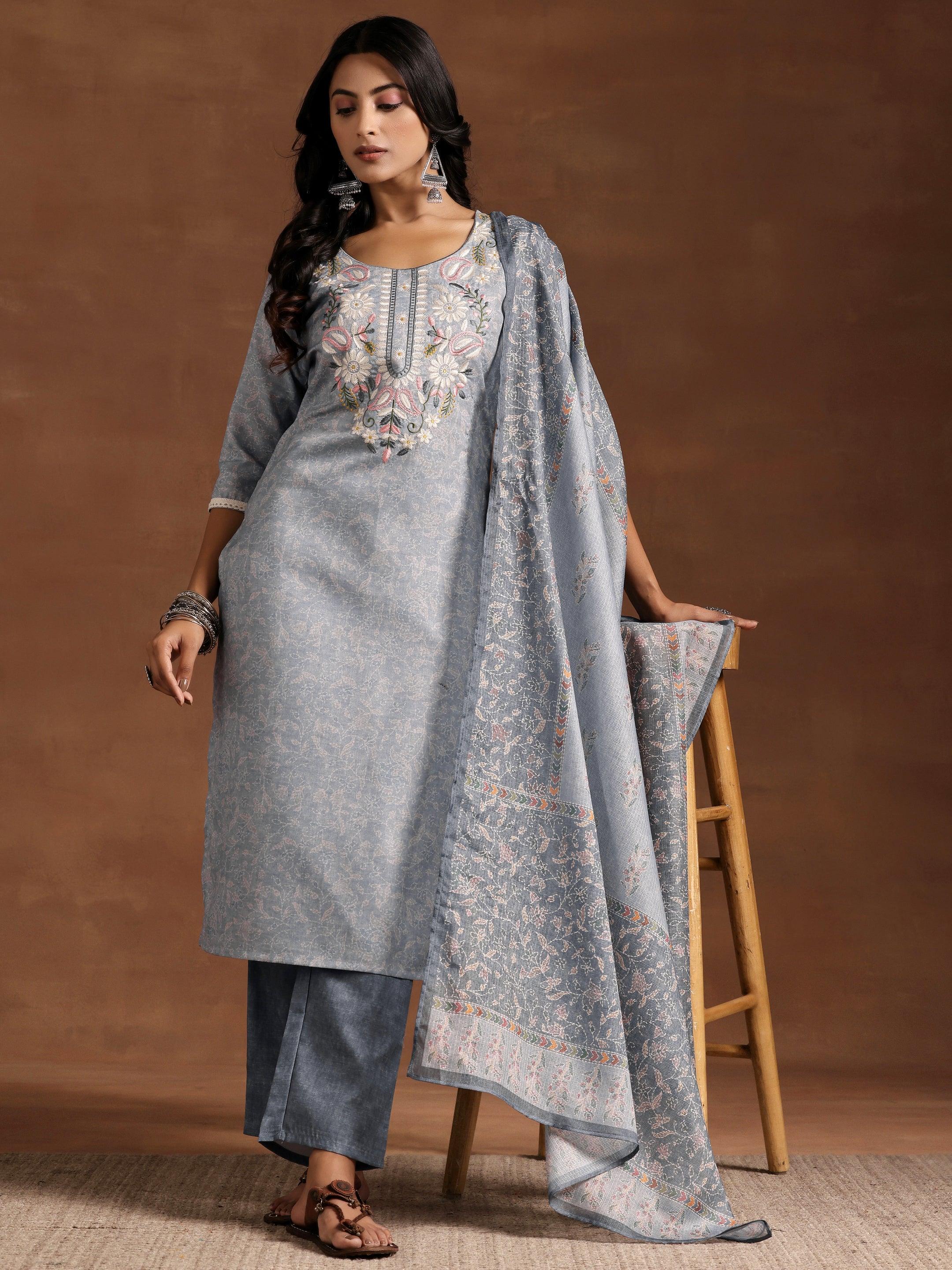 Grey Yoke Design Cotton Straight Suit With Dupatta