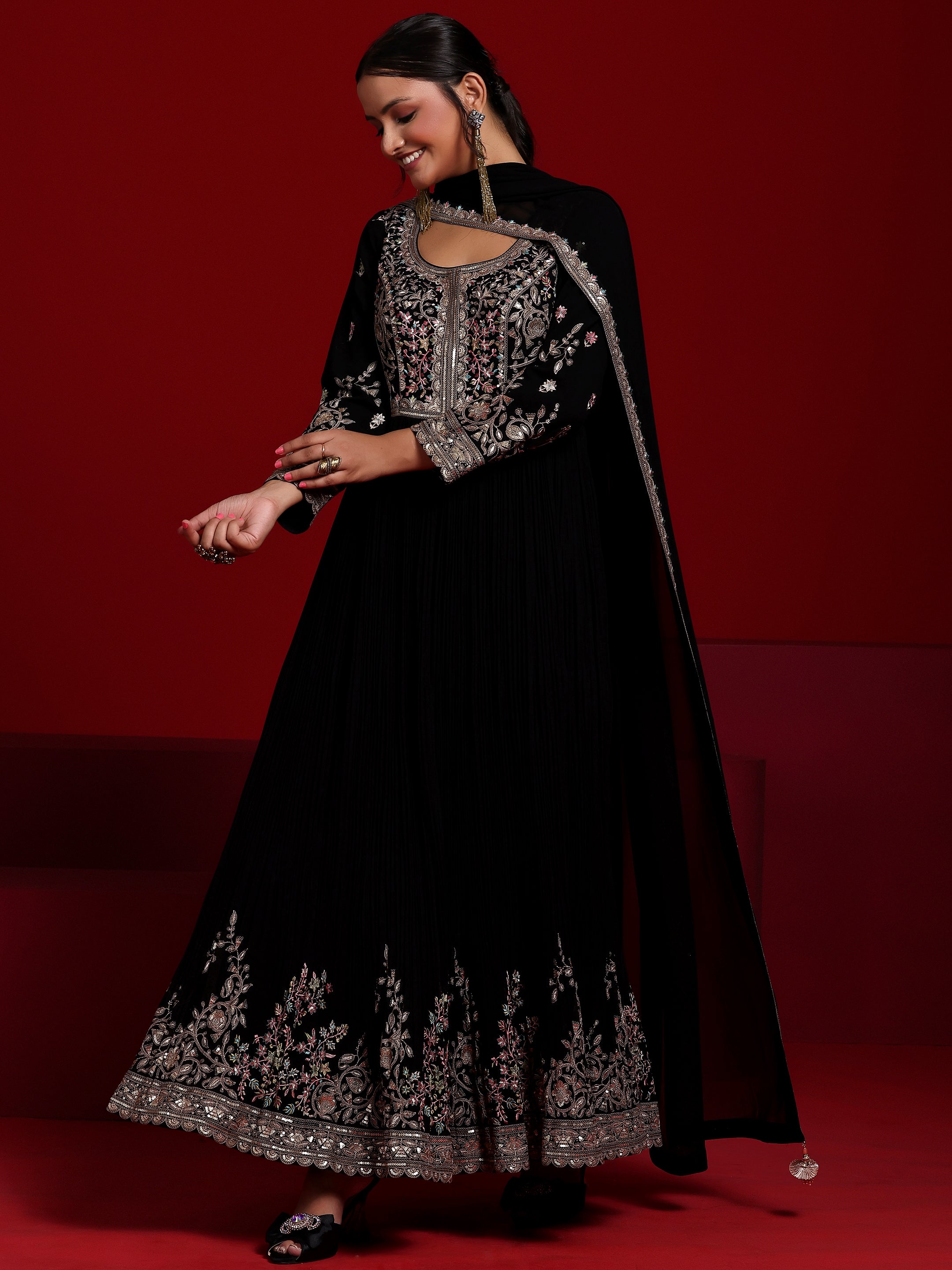 Libas Art Black Embroidered Georgette A-Line Kurta With Trousers & Dupatta