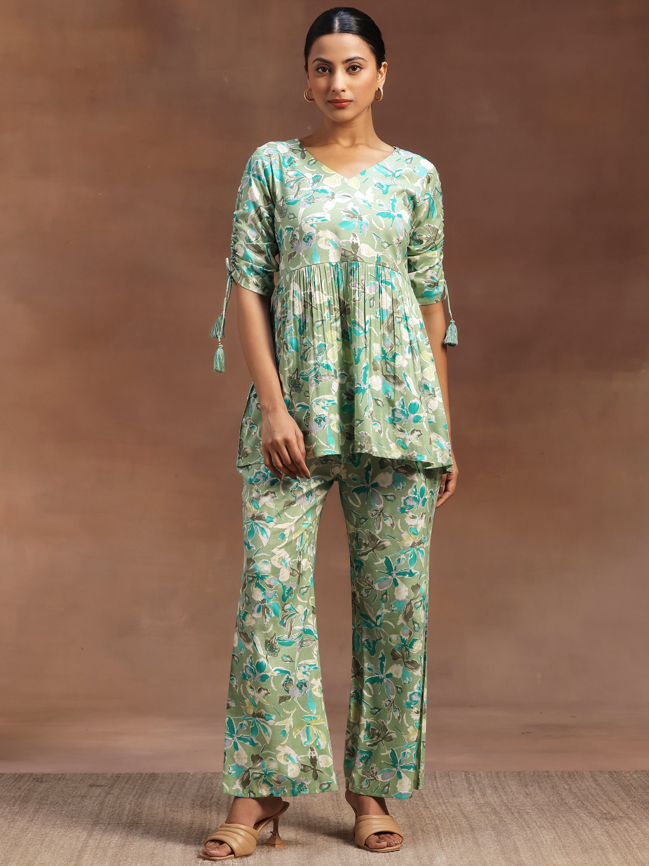 Green Printed Cotton Blend Co-Ords