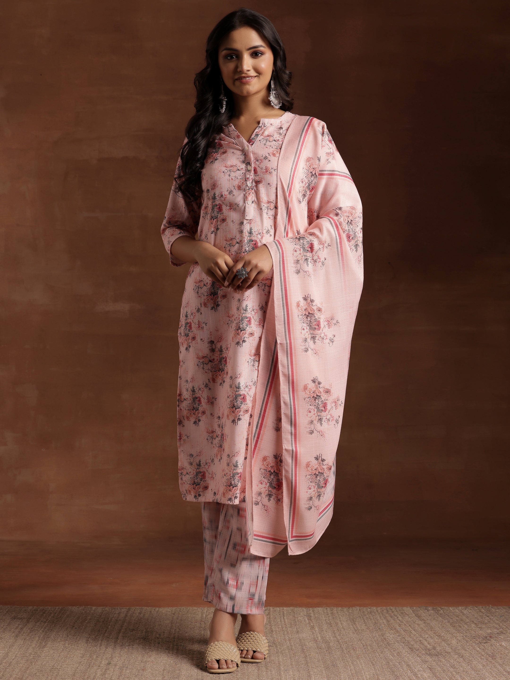 Peach Printed Cotton Straight Suit With Dupatta