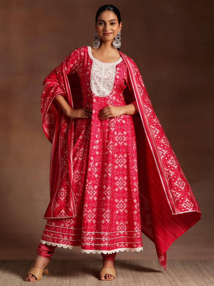 Pink Printed Silk Blend Anarkali Kurta With Churidar & Dupatta - ShopLibas