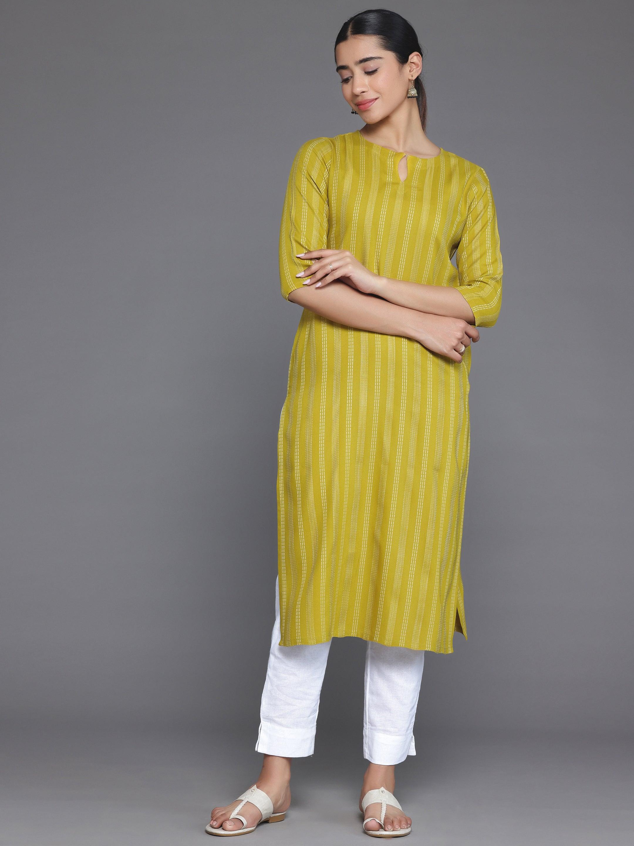 Mustard Striped Rayon Straight Kurta