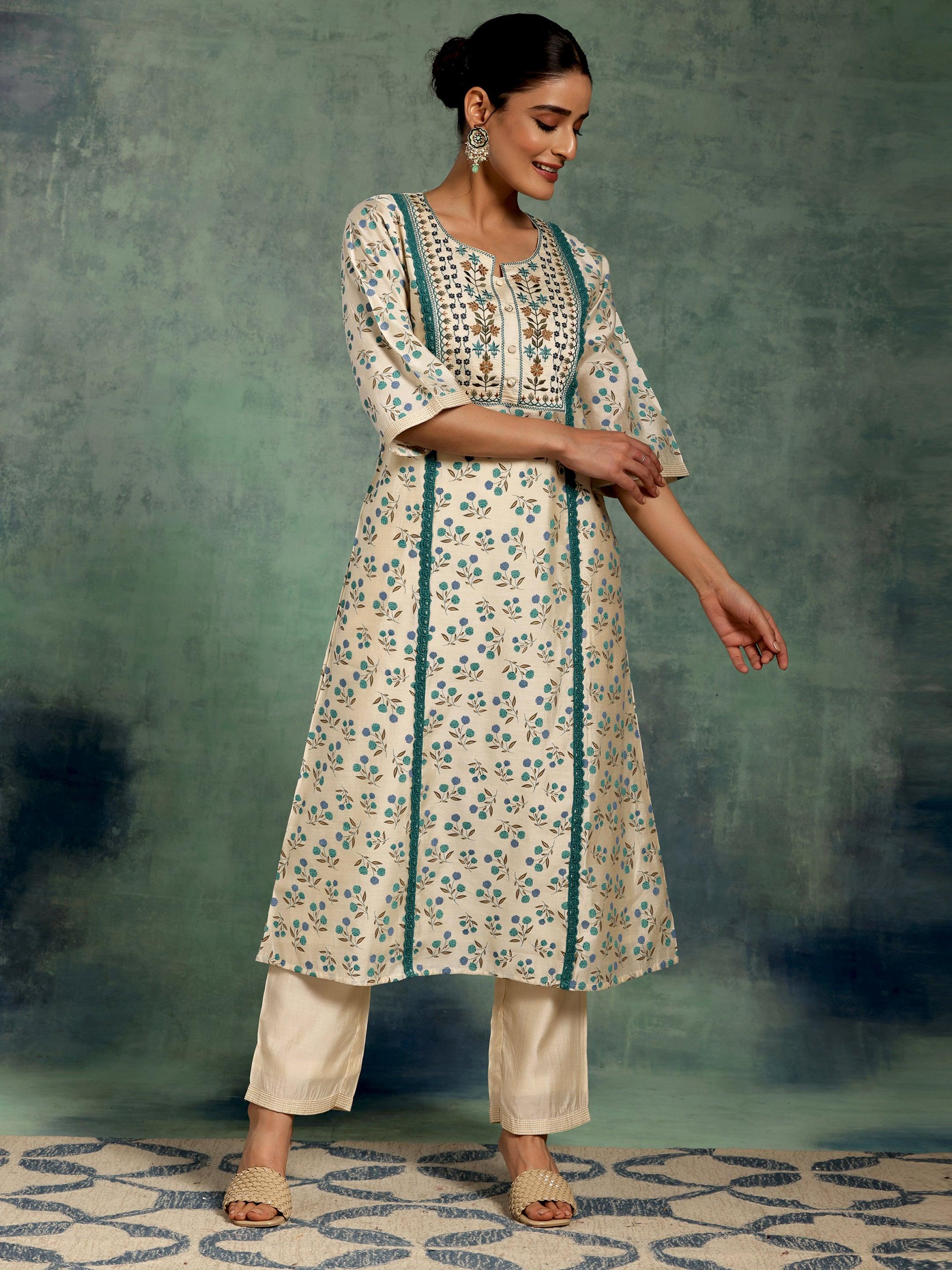 Beige Printed Chanderi Silk A-Line Kurta With Palazzos