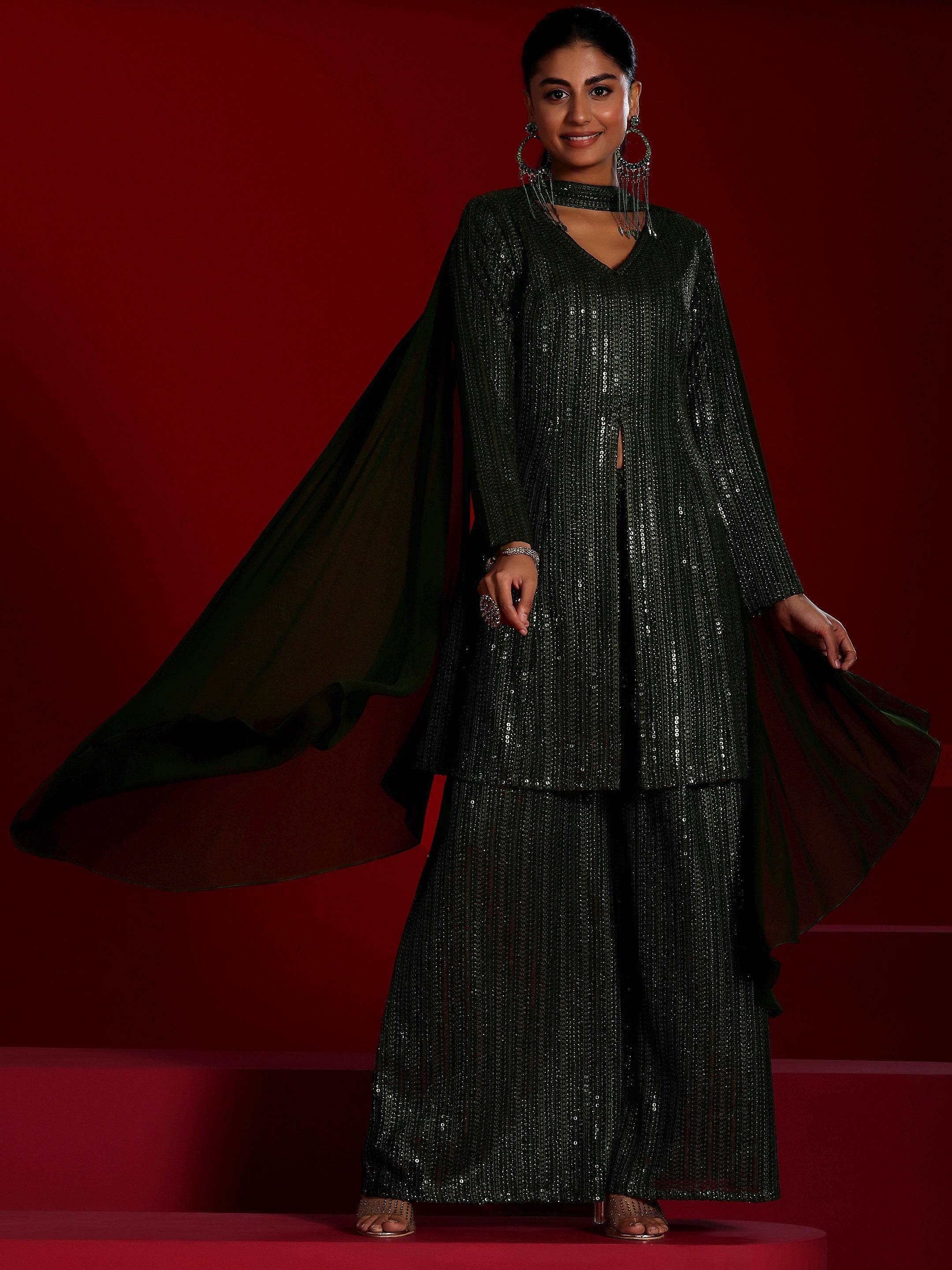 Libas Art Olive Embroidered Georgette A-Line Kurta With Palazzos & Dupatta