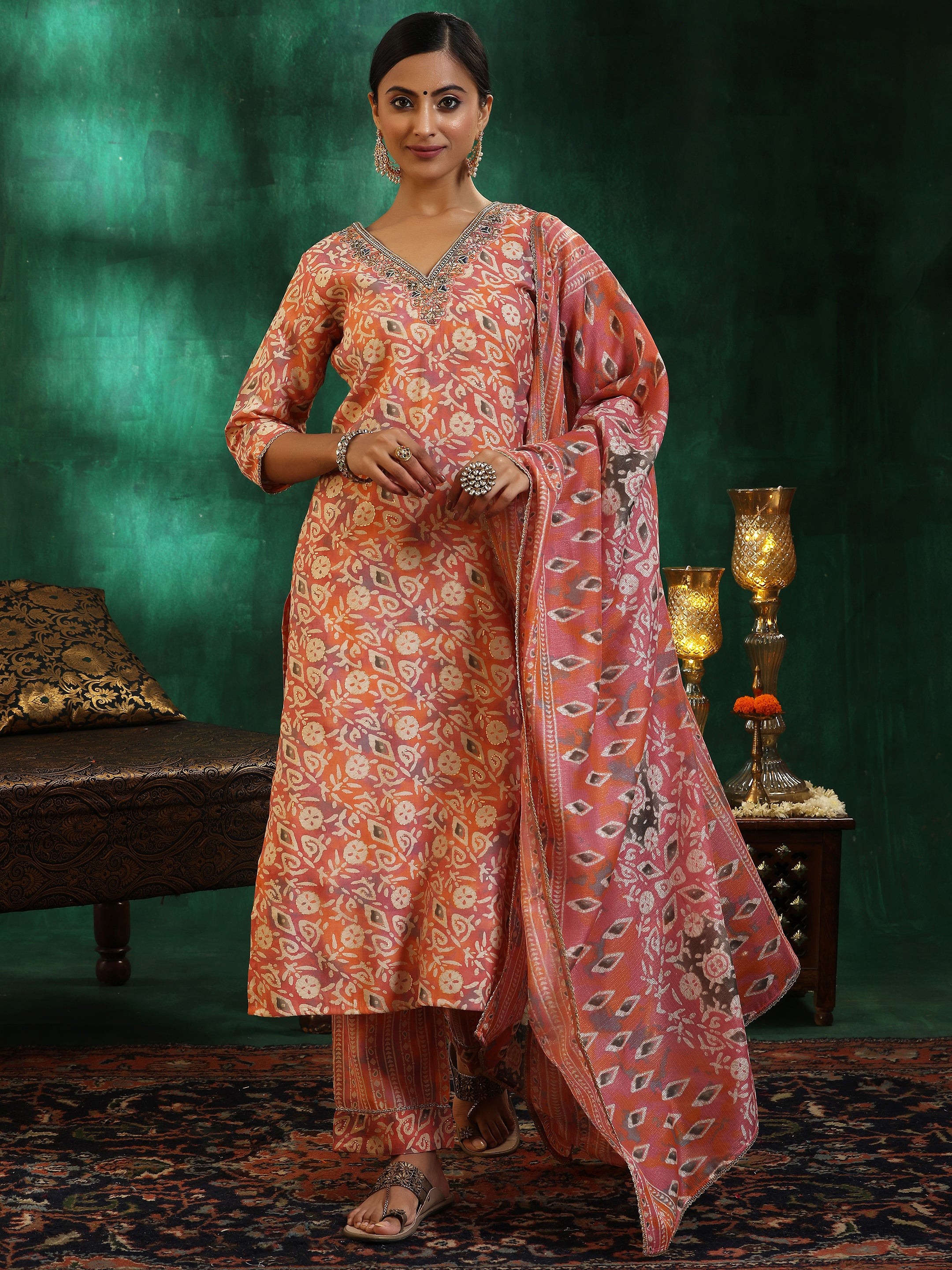 Peach Printed Silk Blend Straight Suit With Dupatta