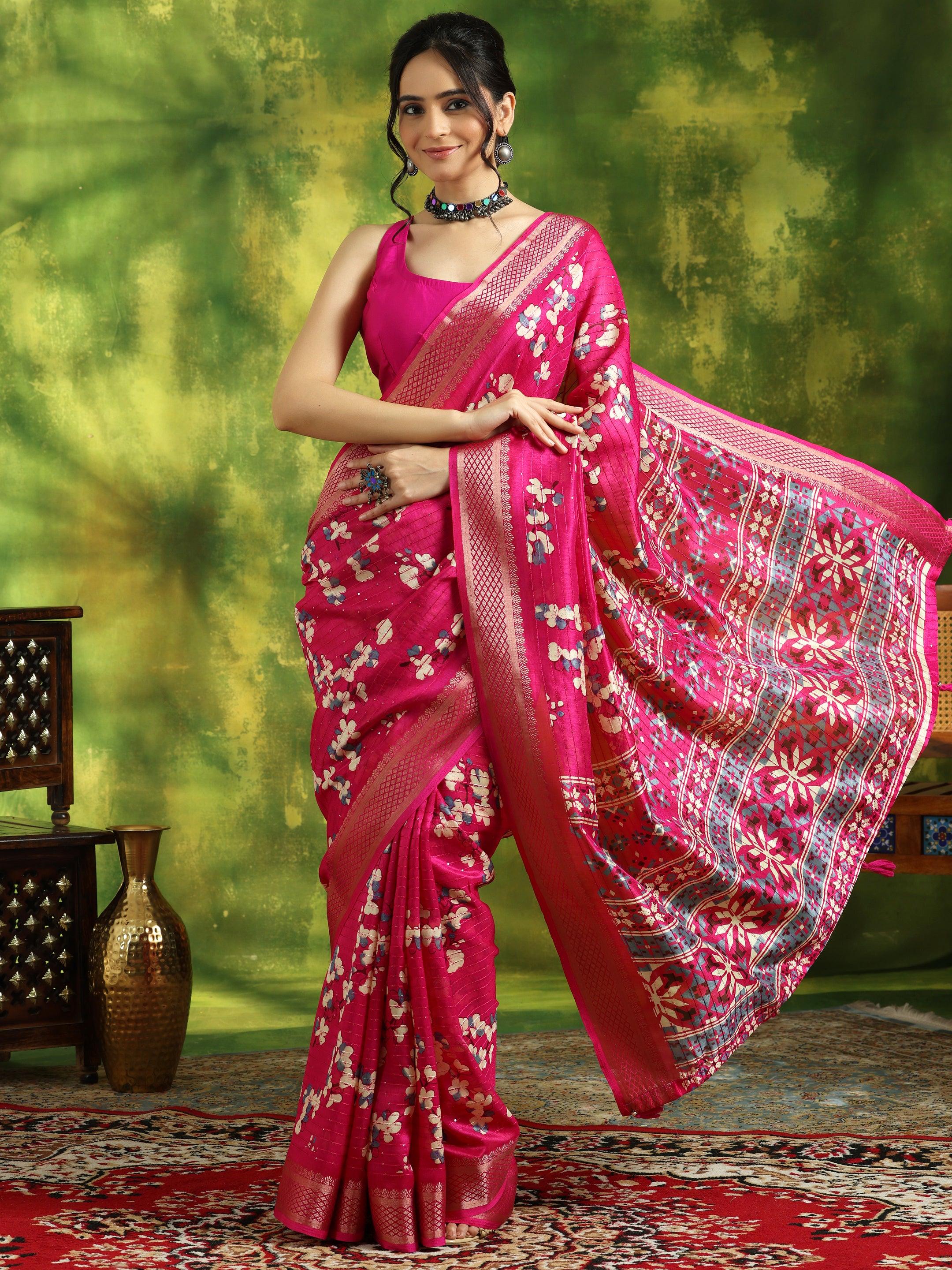 Pink Printed Silk Blend Saree With Unstitched Blouse Piece