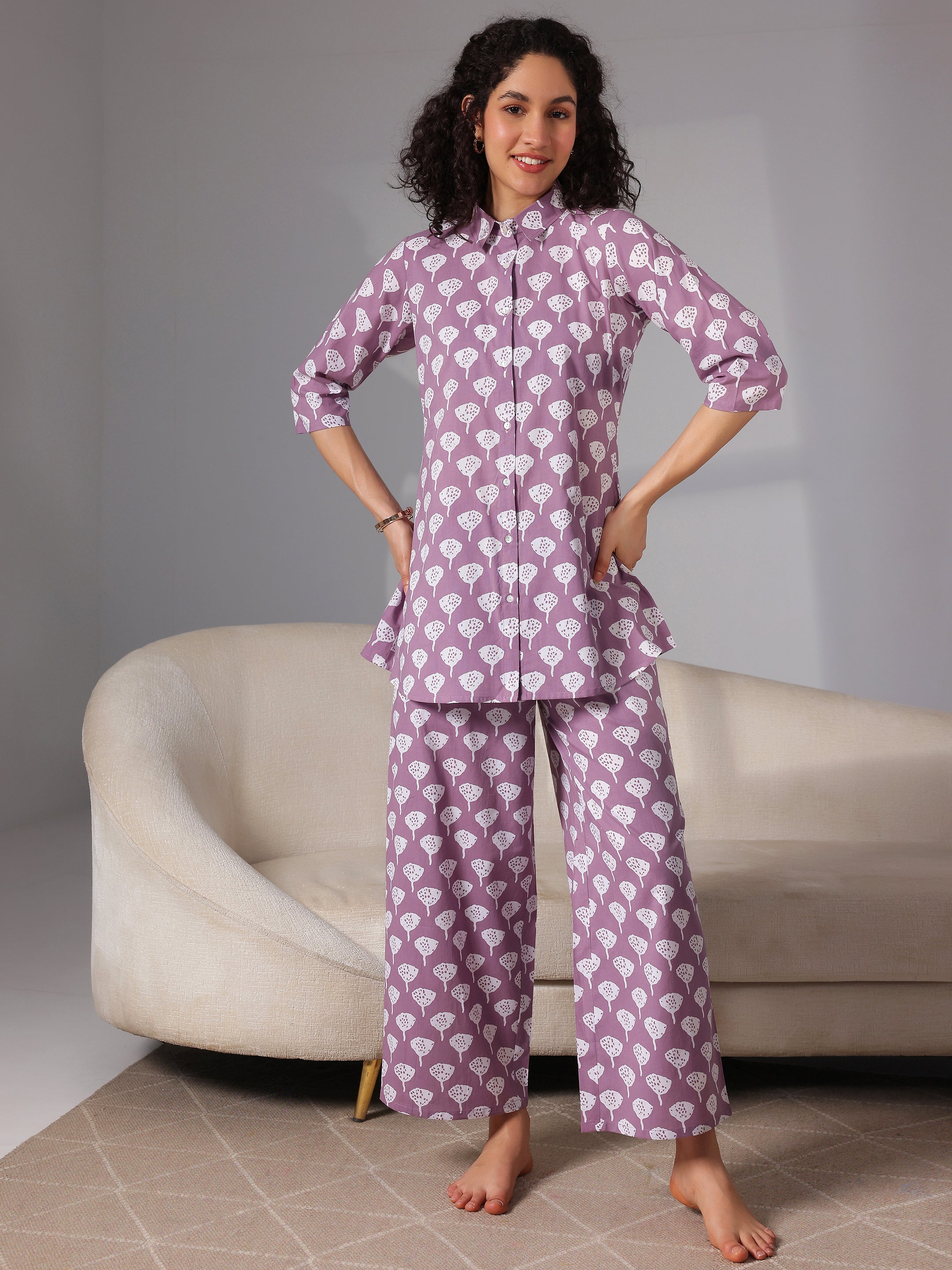 Purple Printed Cotton Night Suits