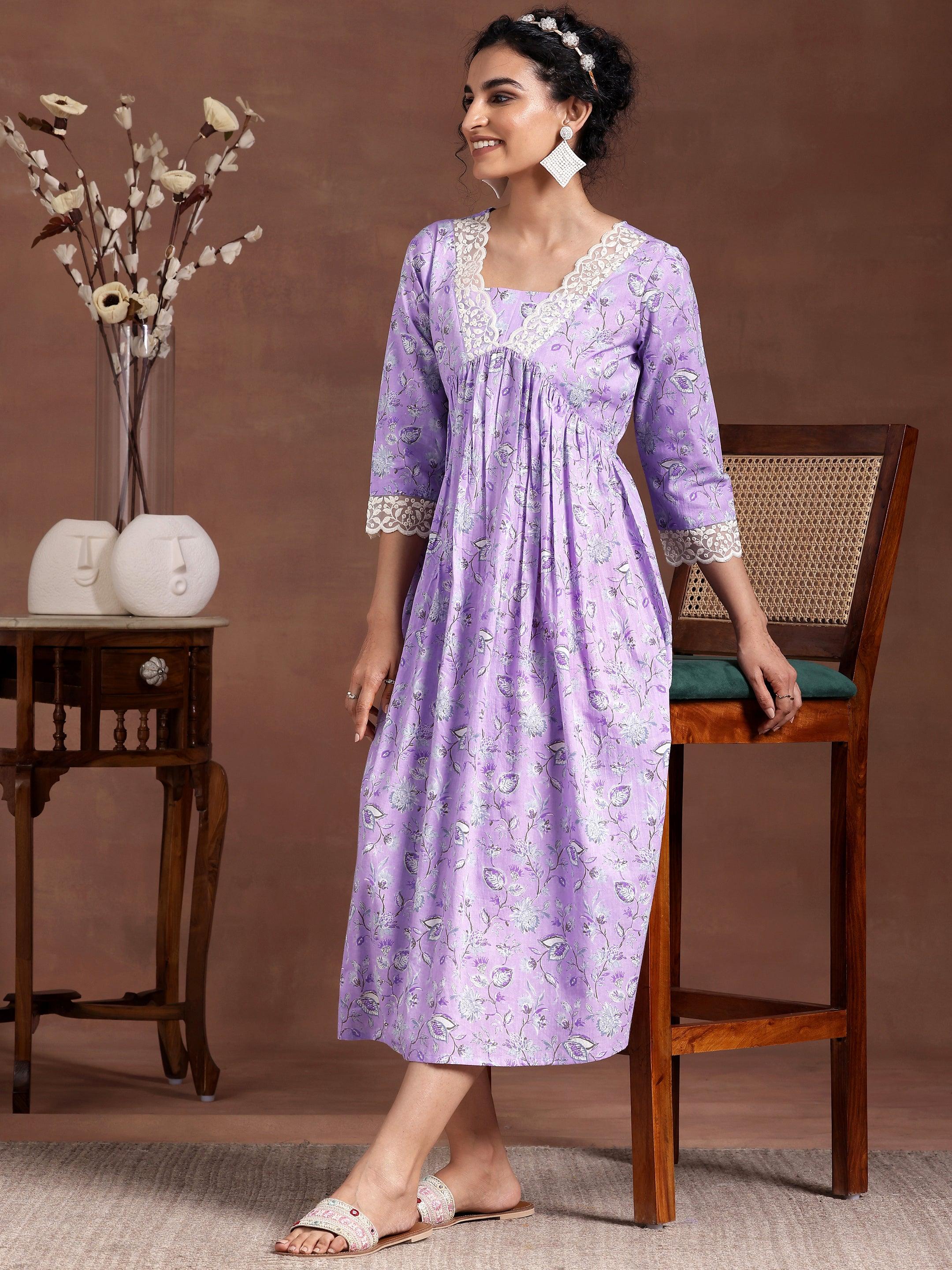 Lavender Printed Cotton Fit and Flare Dress