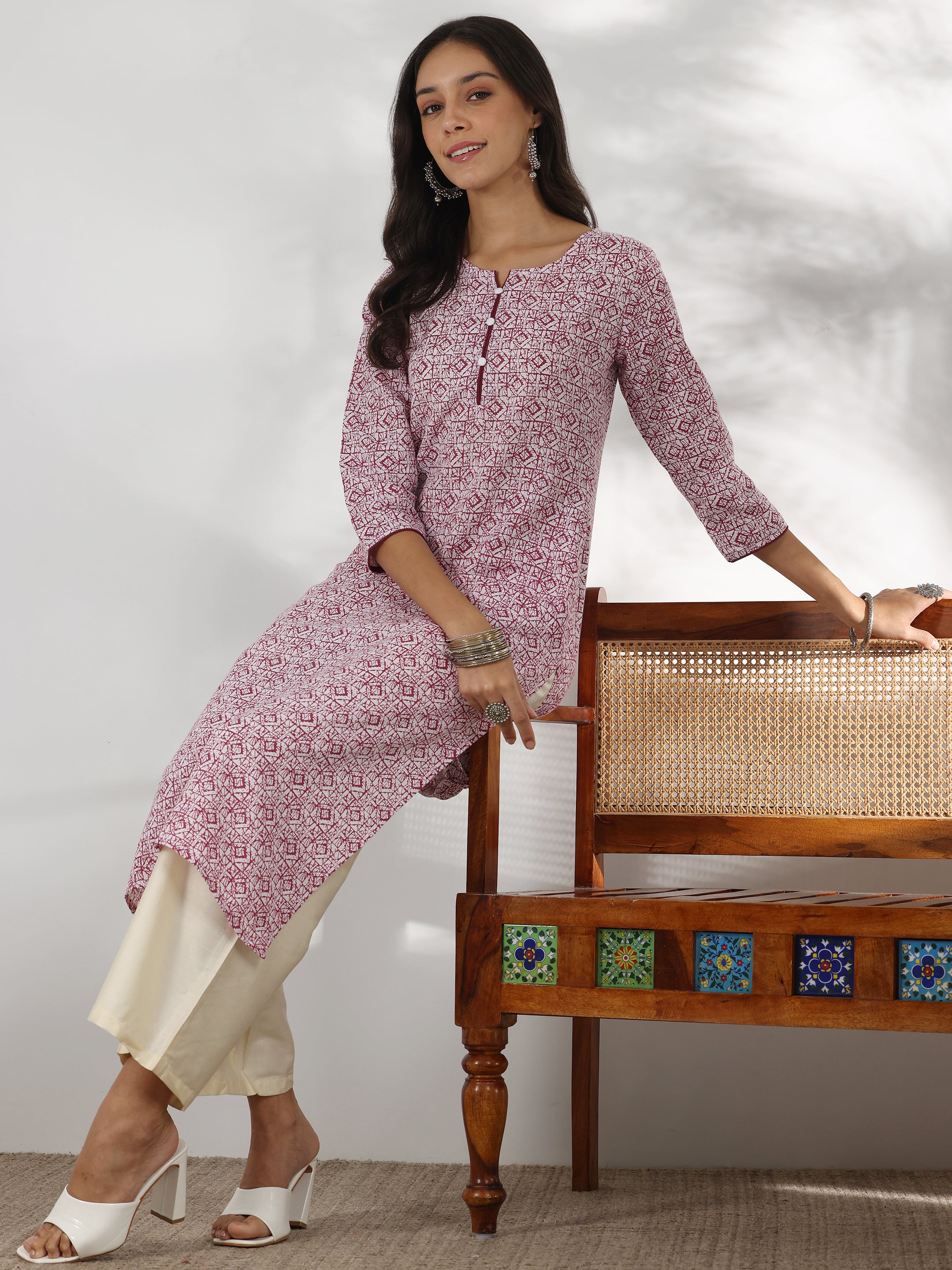 Maroon Printed Cotton Straight Kurta