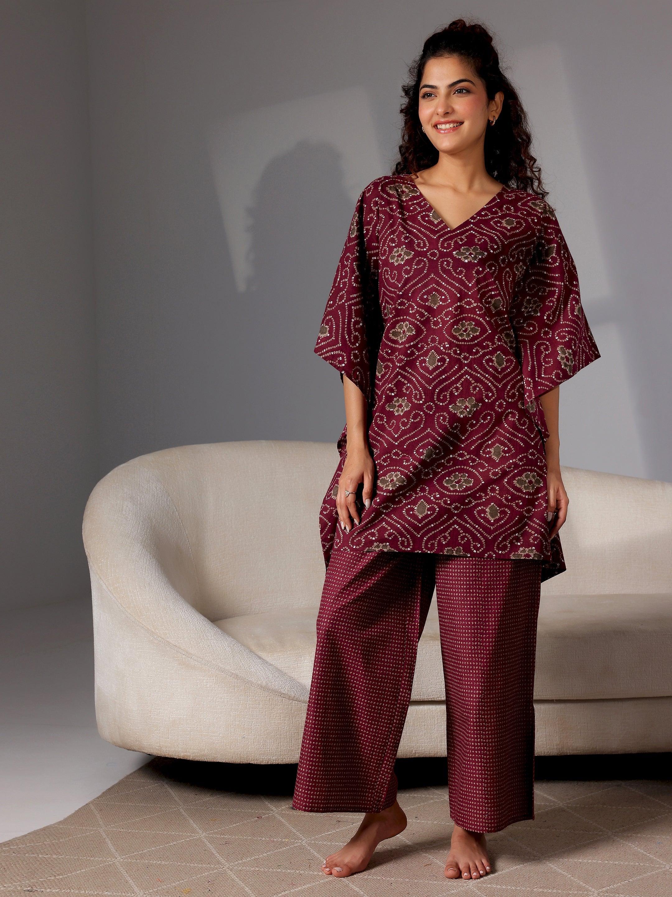 Wine Printed Cotton Night Suits