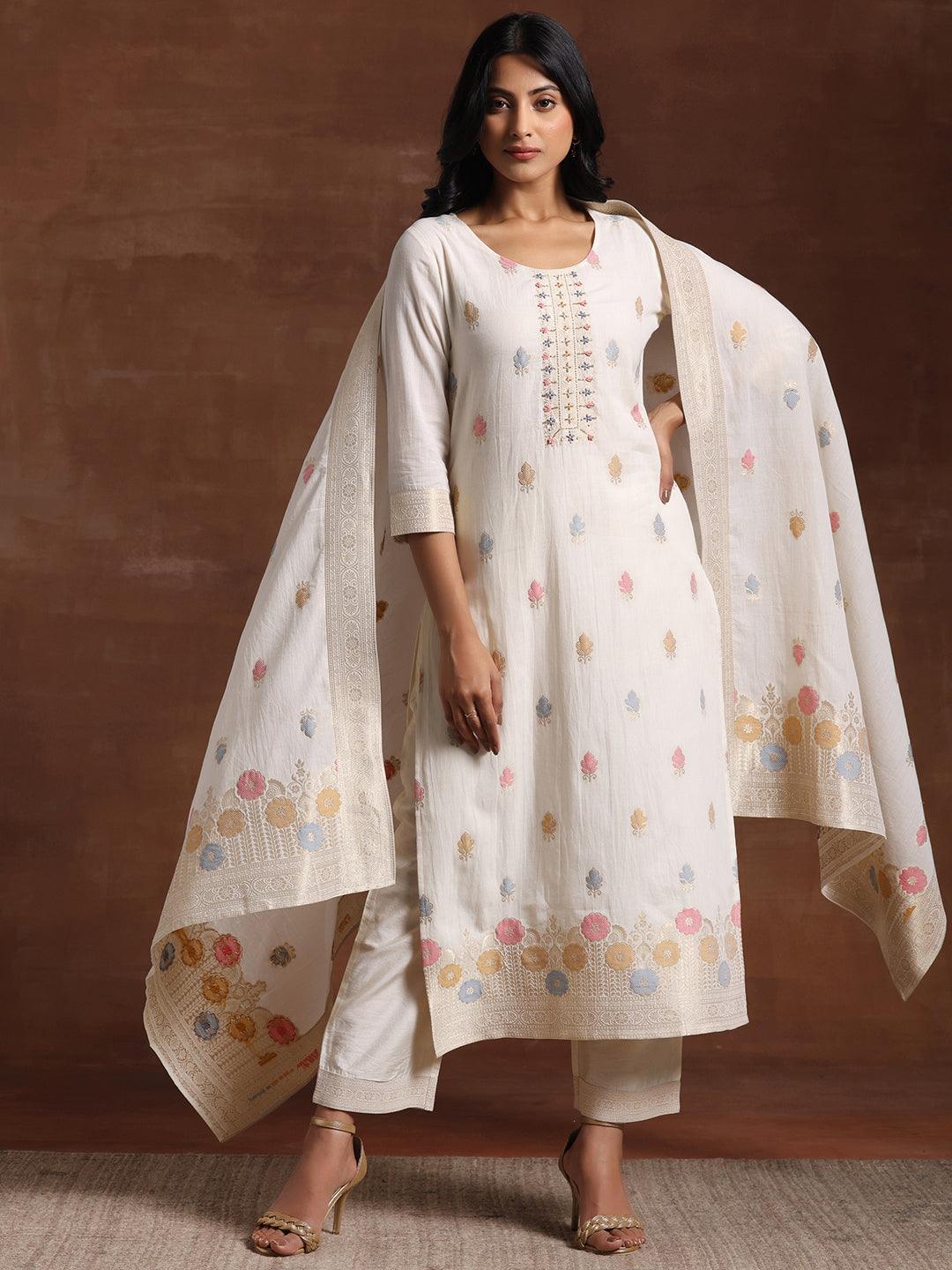 Off White Woven Design Cotton Straight Suit With Dupatta