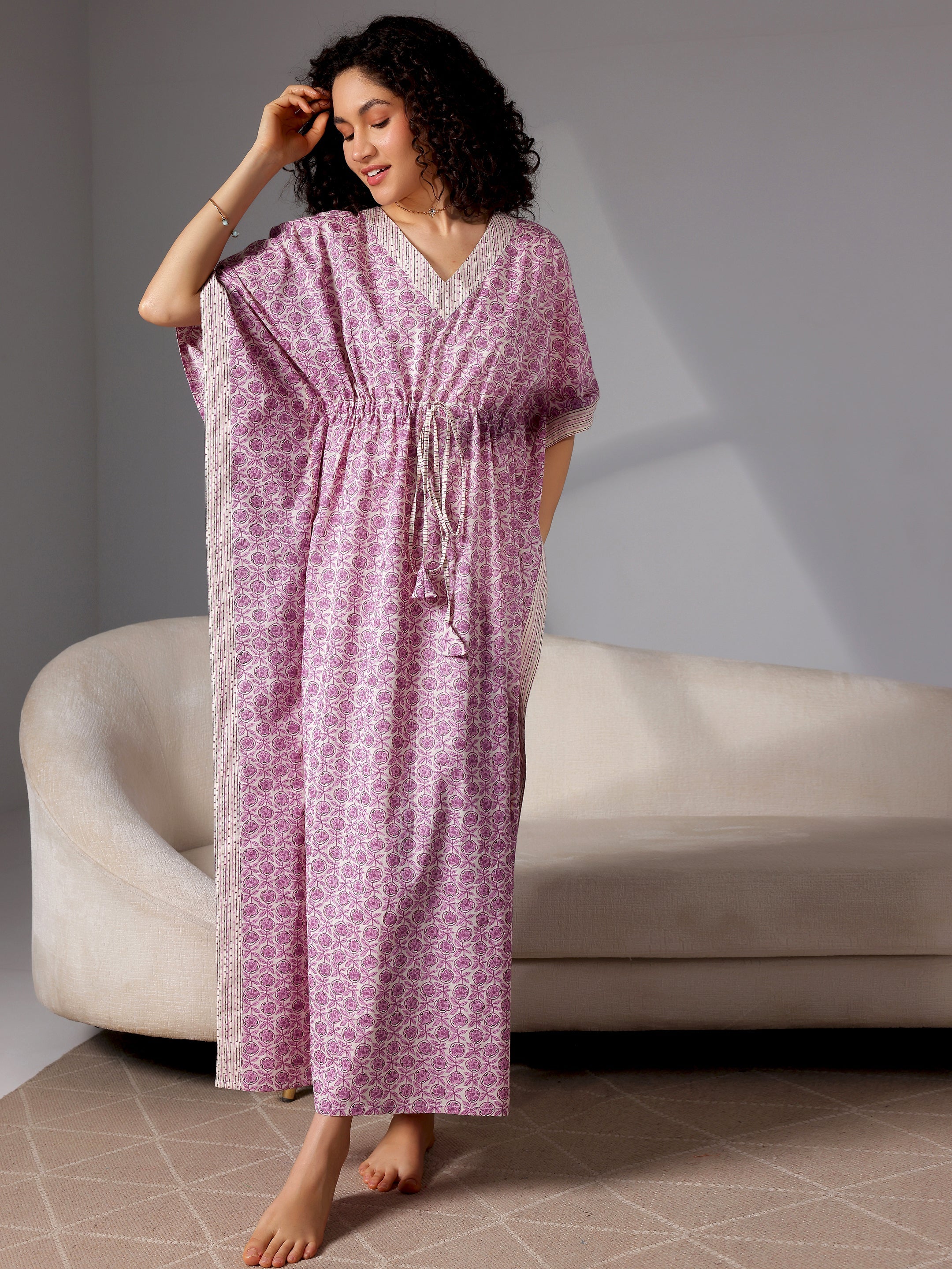 Purple Printed Cotton Kaftan Night Dress