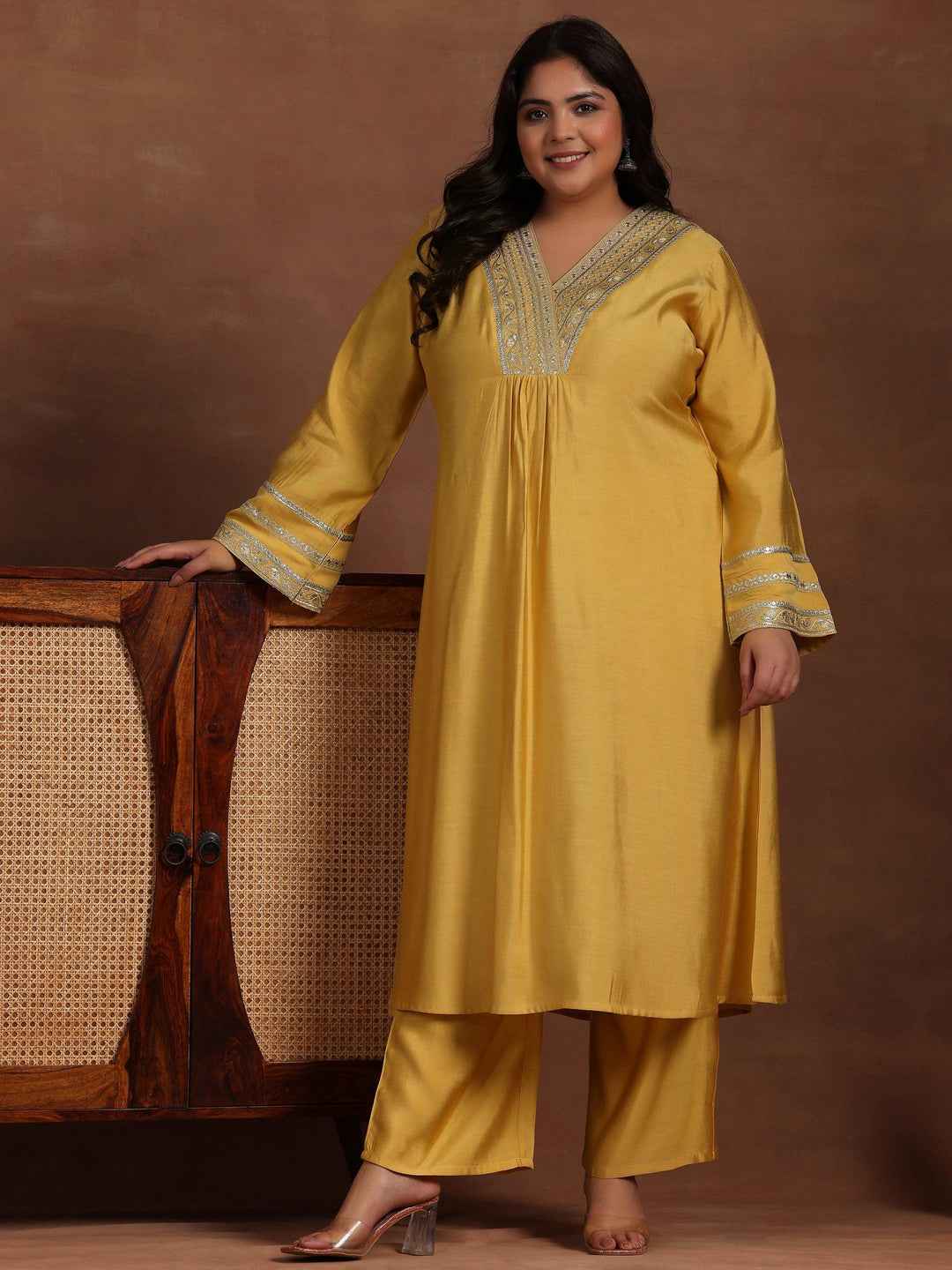 Plus Size Yellow Yoke Design Silk Blend A-Line Kurta With Trousers