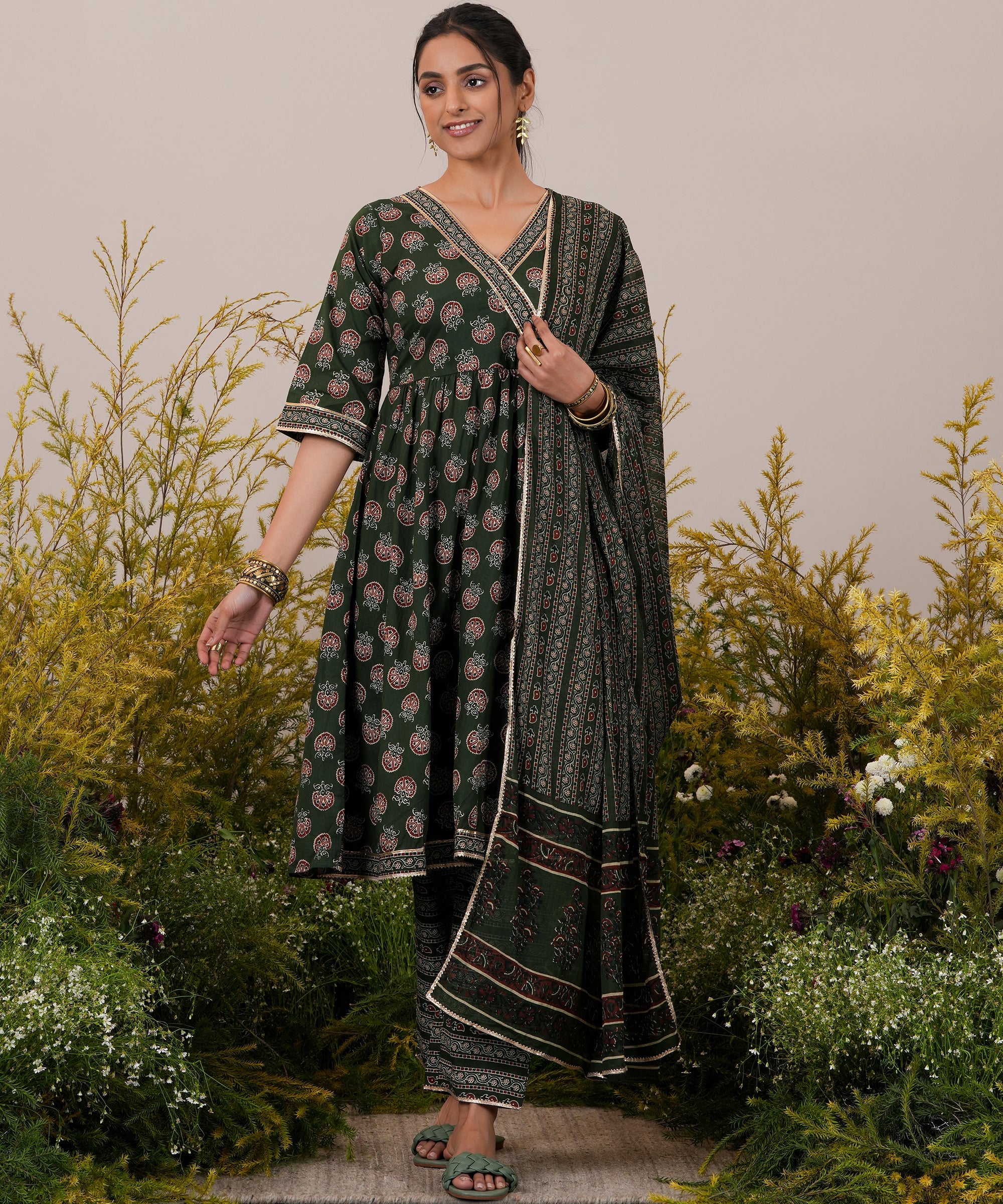 Green Printed Cotton Anarkali Suit With Dupatta