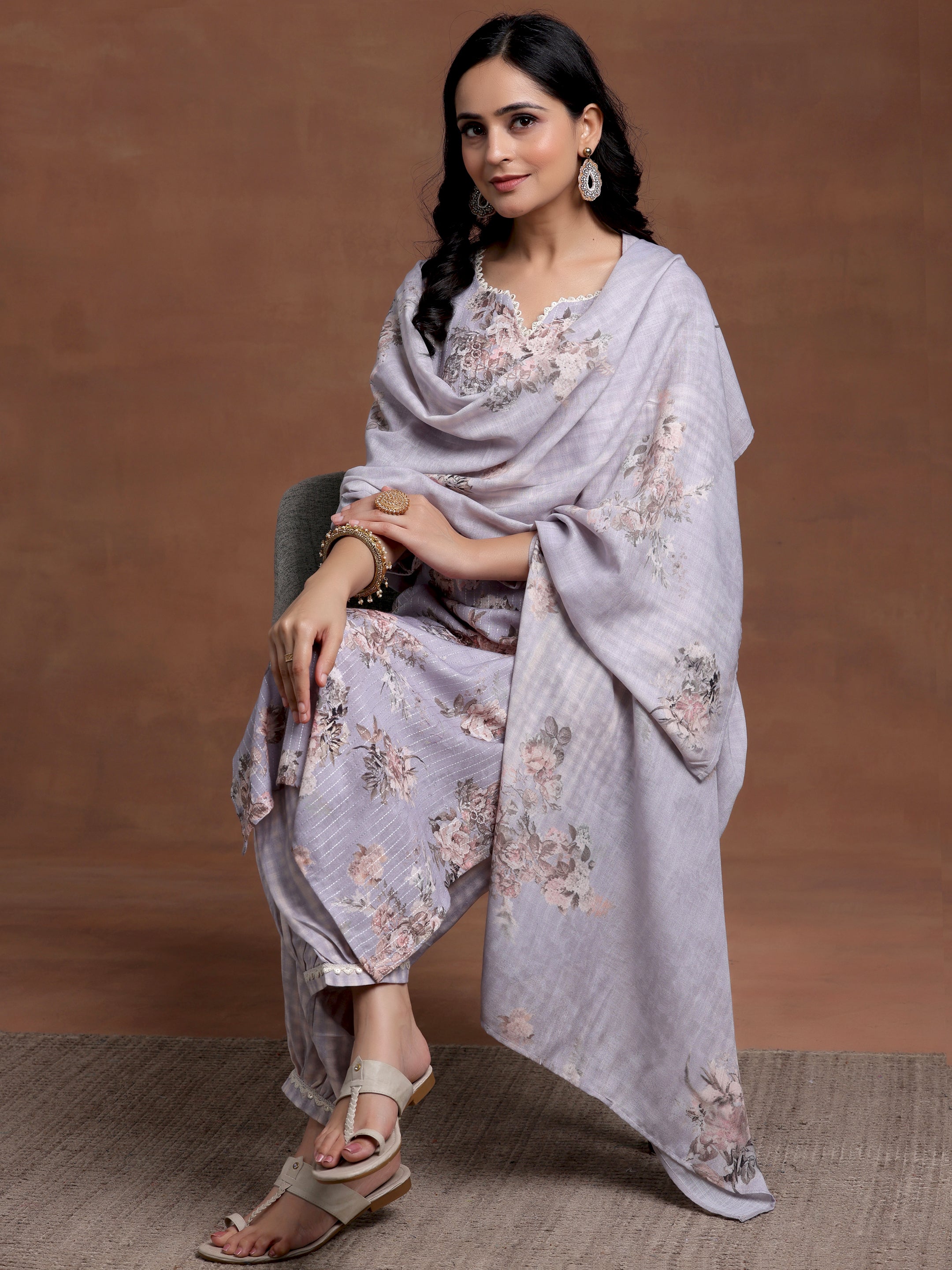 Grey Printed Cotton Straight Suit With Dupatta