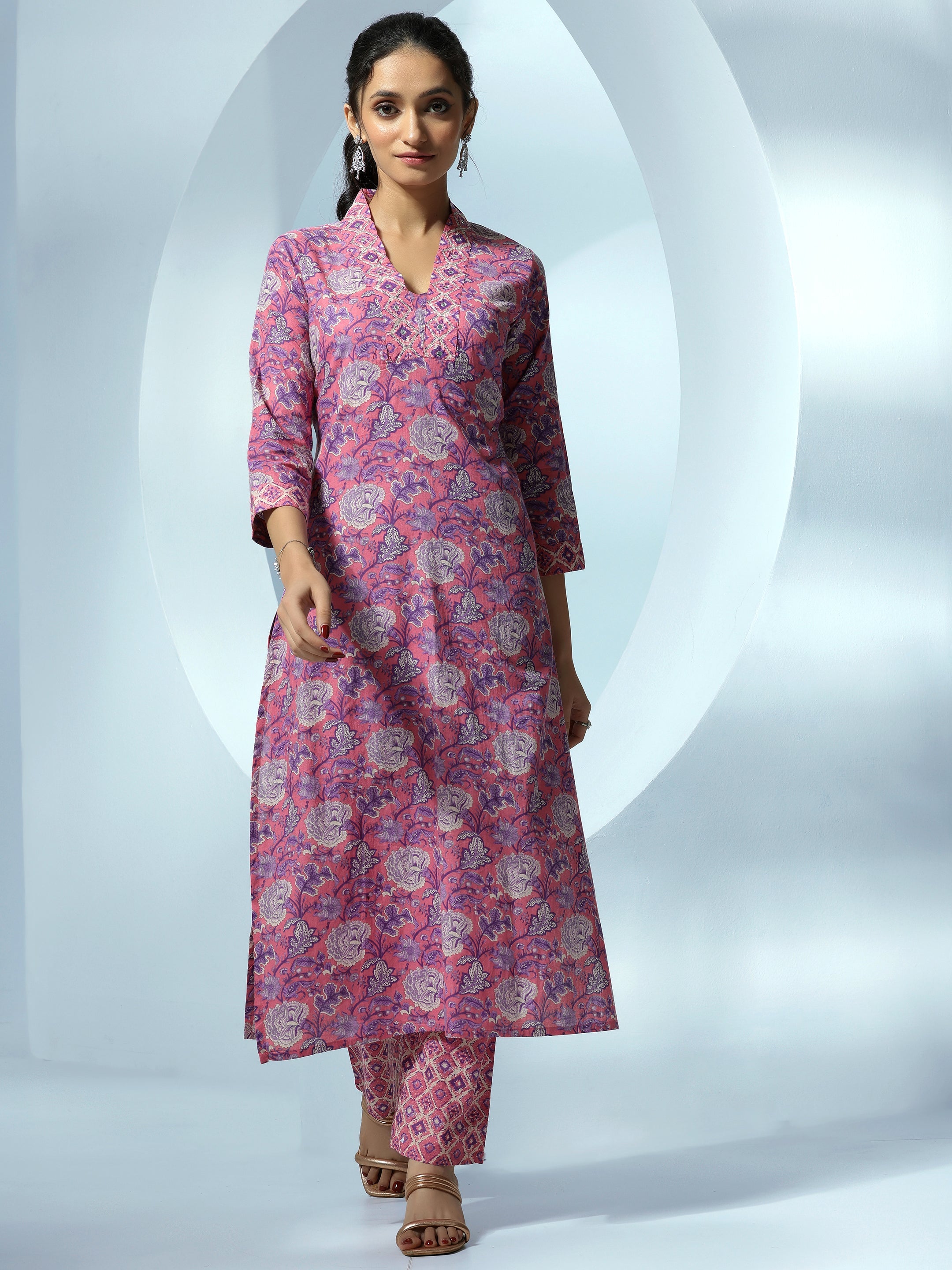 Pink Printed Cotton Straight Kurta Set