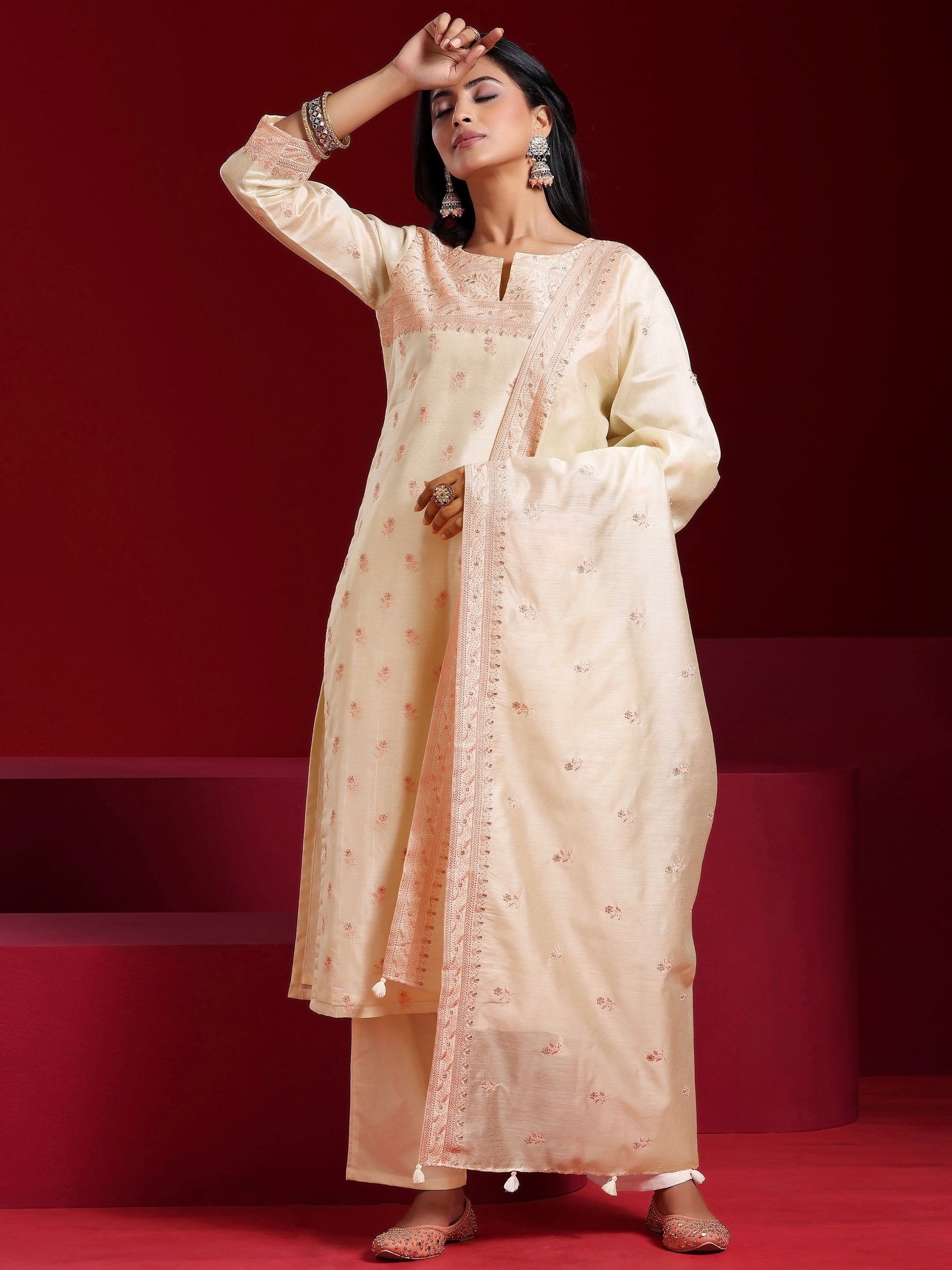 Libas Art Off White Embroidered Chanderi Silk Straight Suit With Dupatta