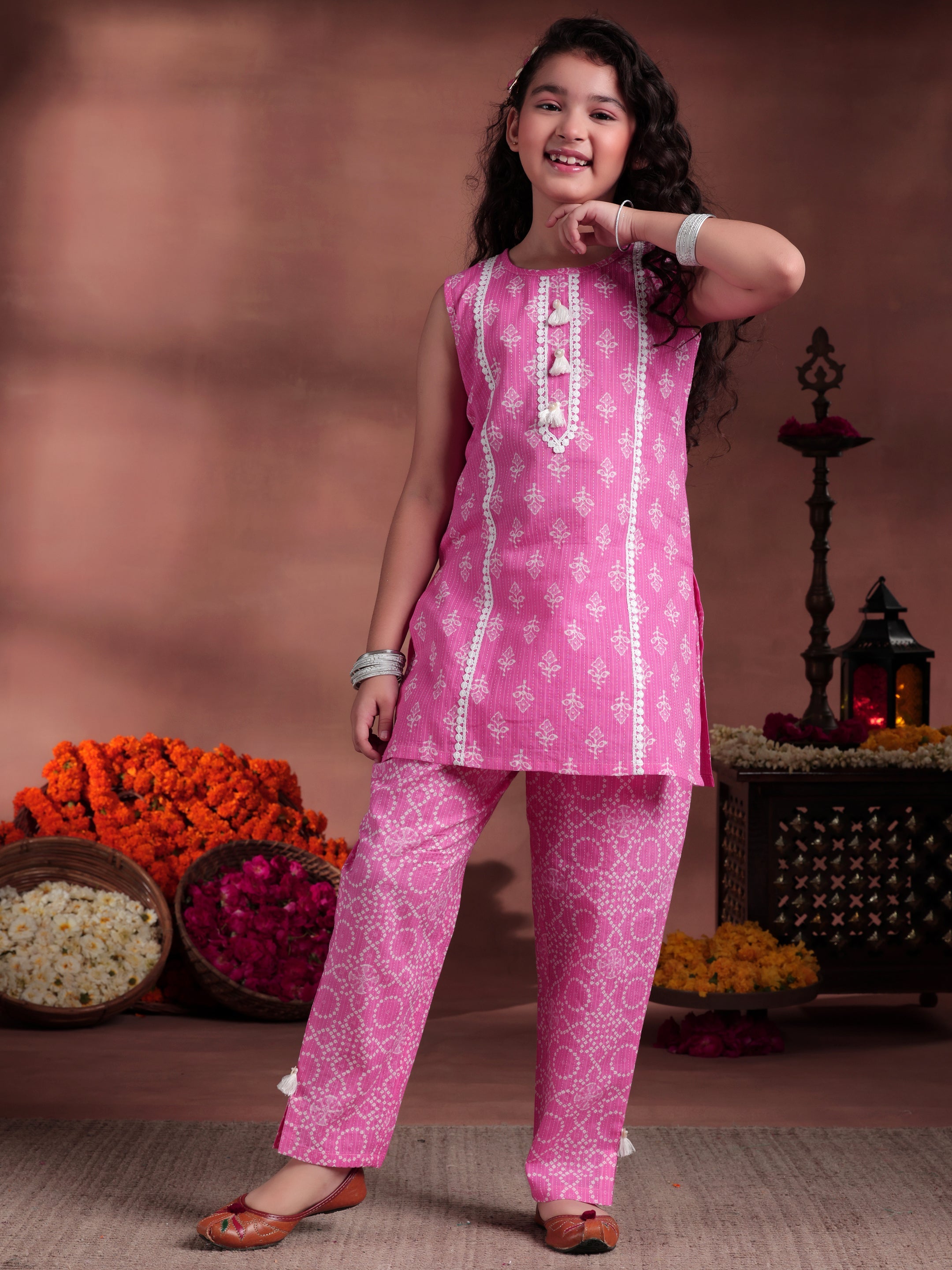 Kids Pink Printed Cotton Straight Top With Trousers