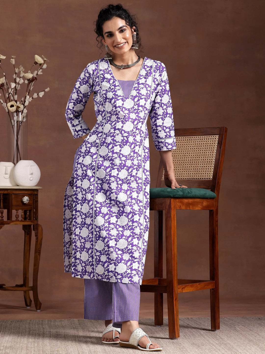 Purple Printed Cotton Straight Kurta Set