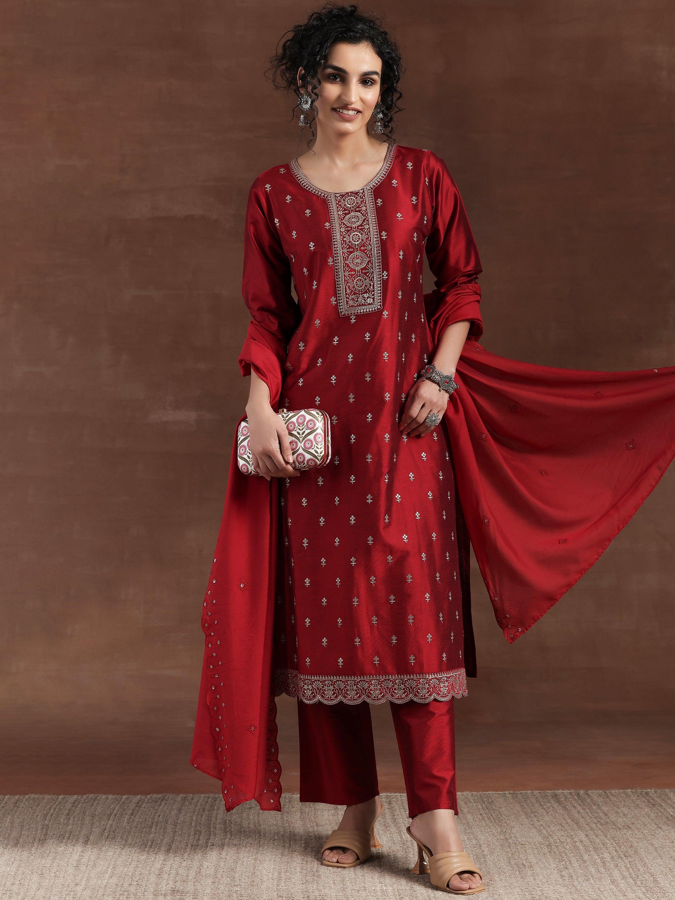 Red Embroidered Silk Blend Straight Suit With Dupatta