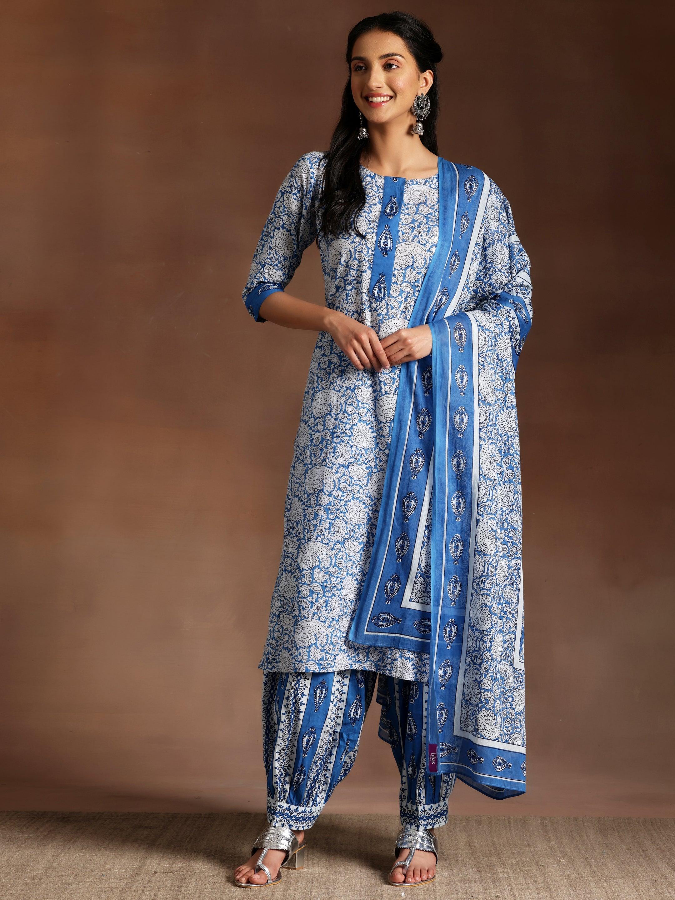 Blue Printed Cotton Straight Suit With Dupatta