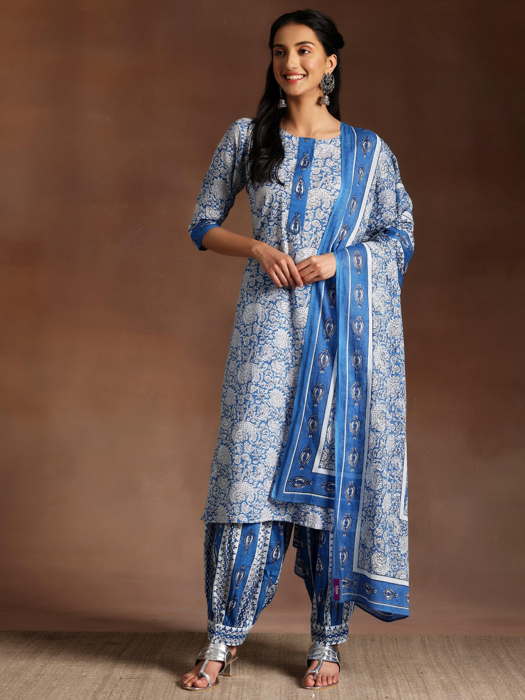 Aasmaani Blue Printed Cotton Straight Kurta With Salwar & Dupatta - ShopLibas