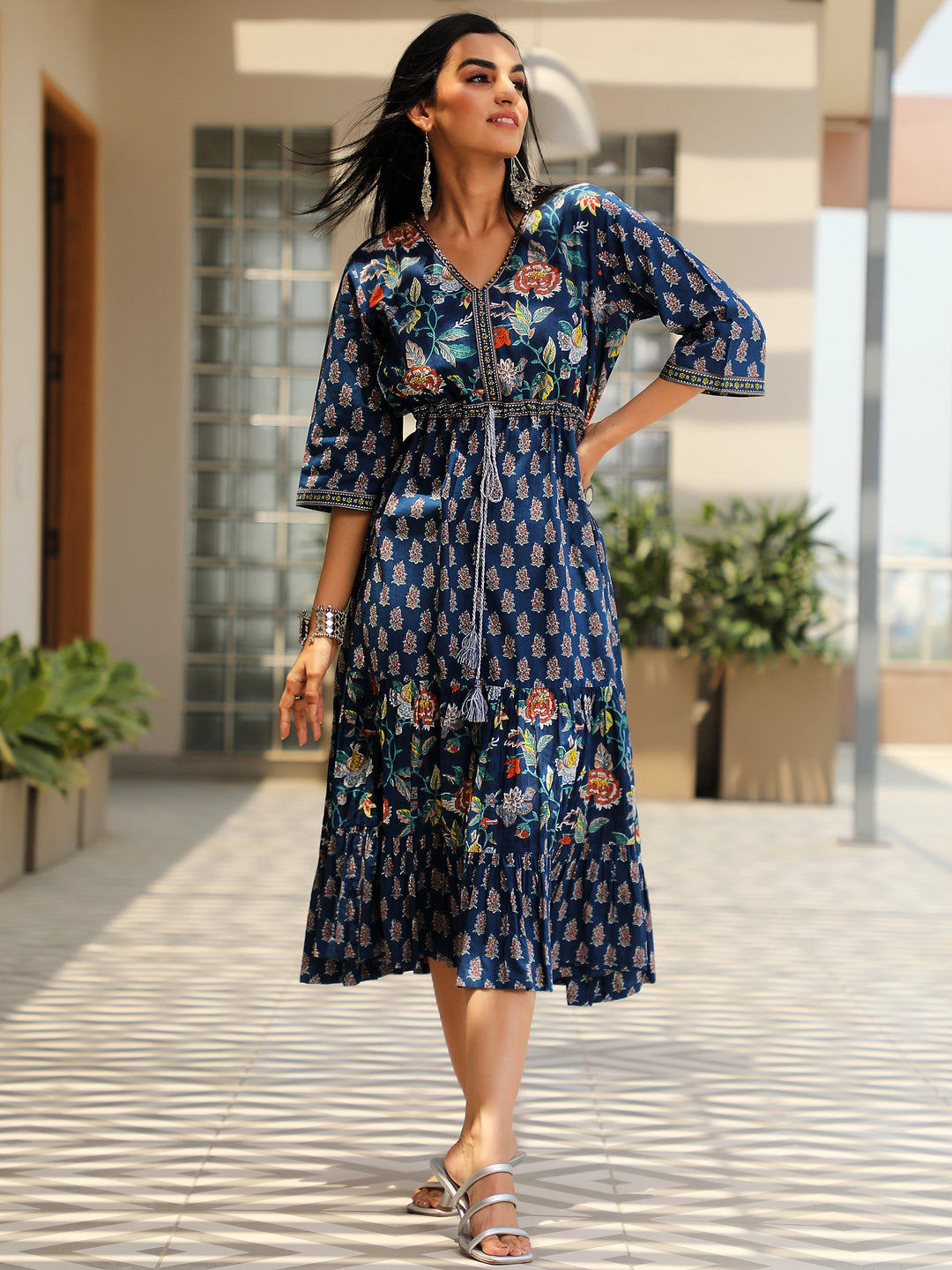 Blue Printed Cotton Fit and Flare Dress