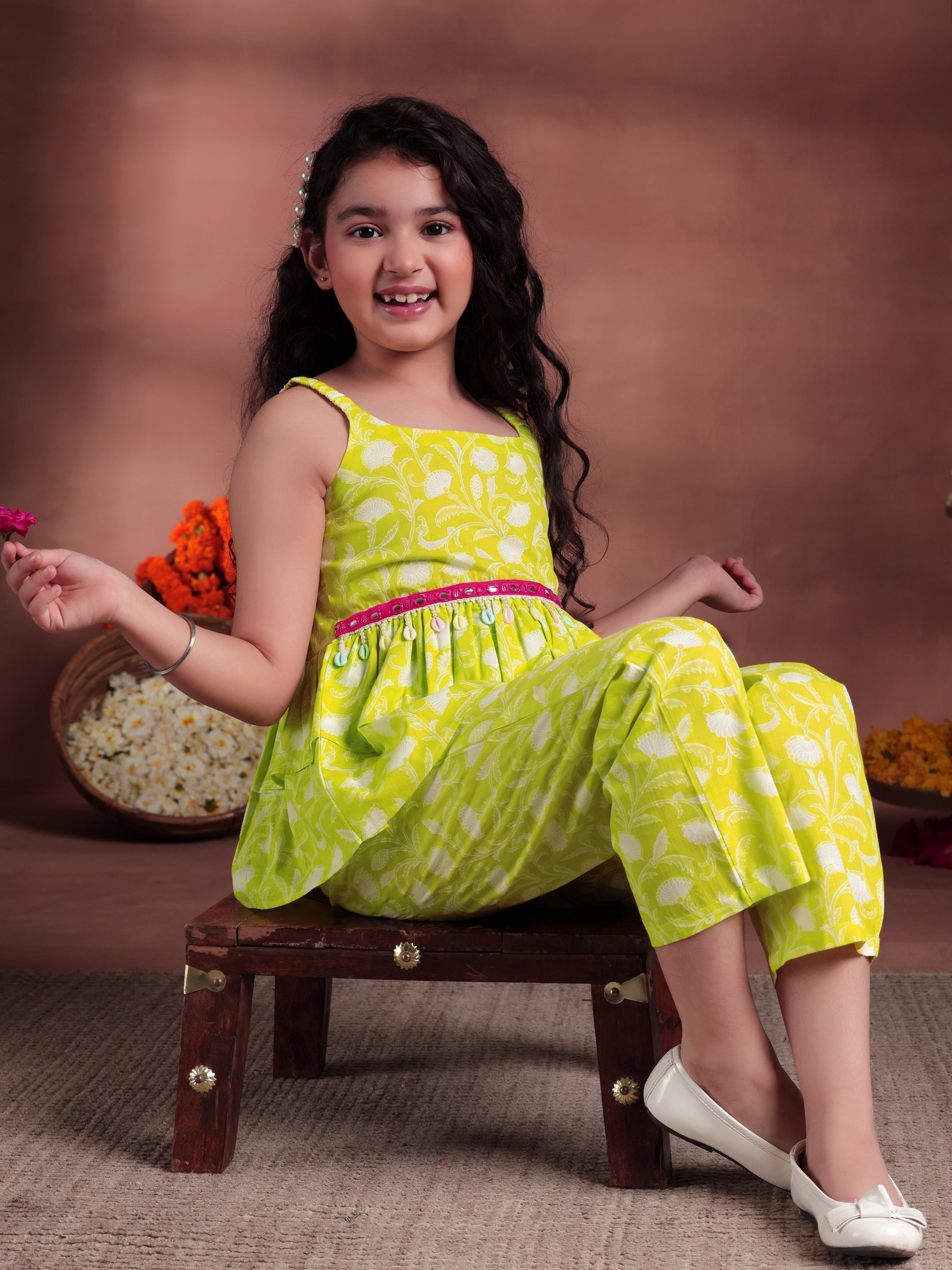 Kids Lime Green Printed Cotton Co-Ords