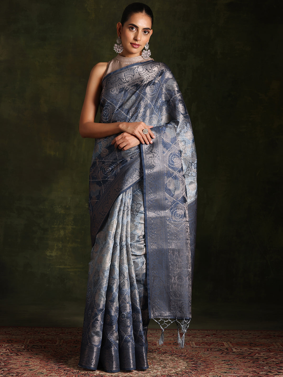 Blue Woven Design Brocade Saree With Unstitched Blouse Piece