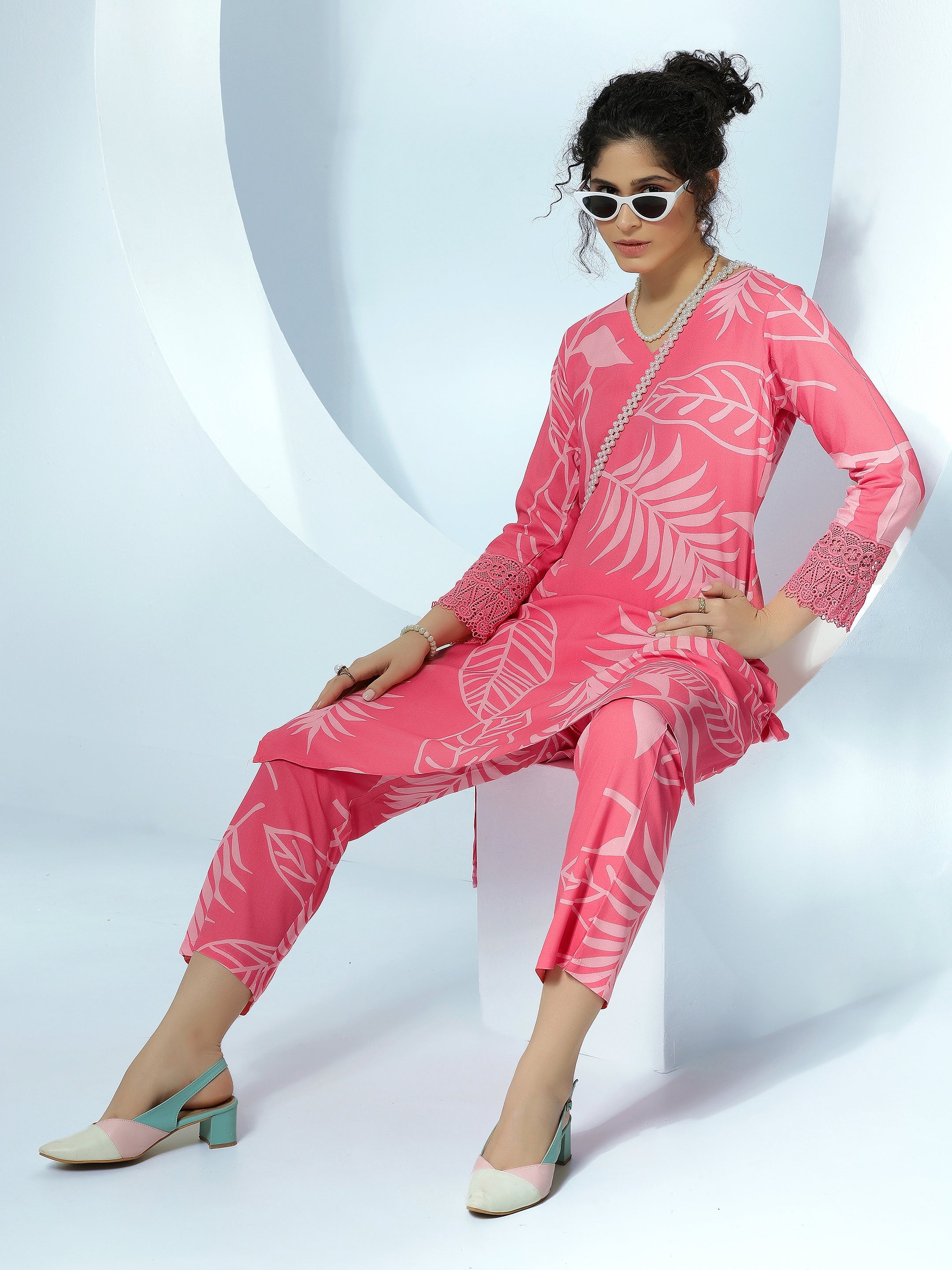 Pink Printed Silk Blend Co-Ords