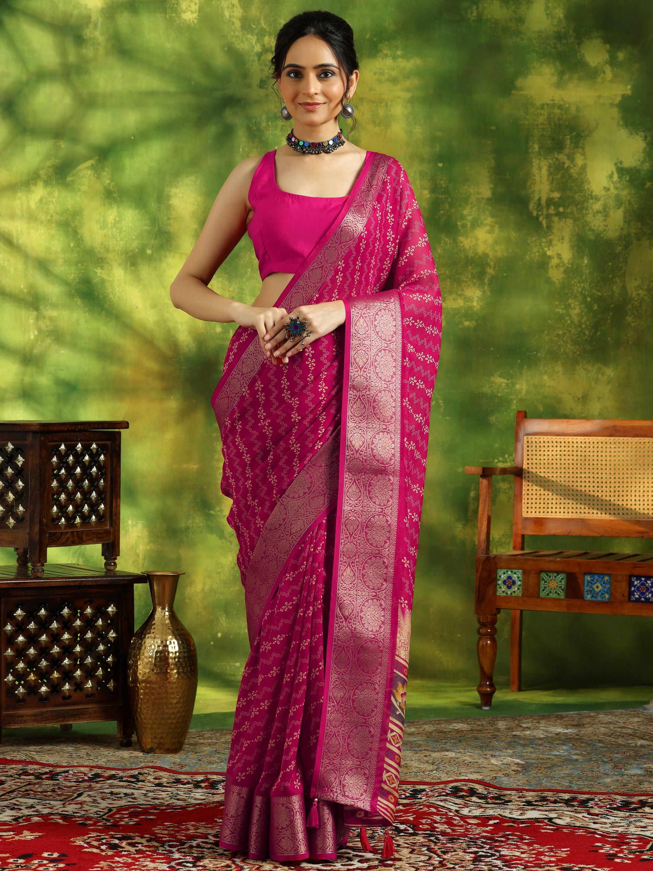 Pink Printed Silk Blend Saree With Unstitched Blouse Piece