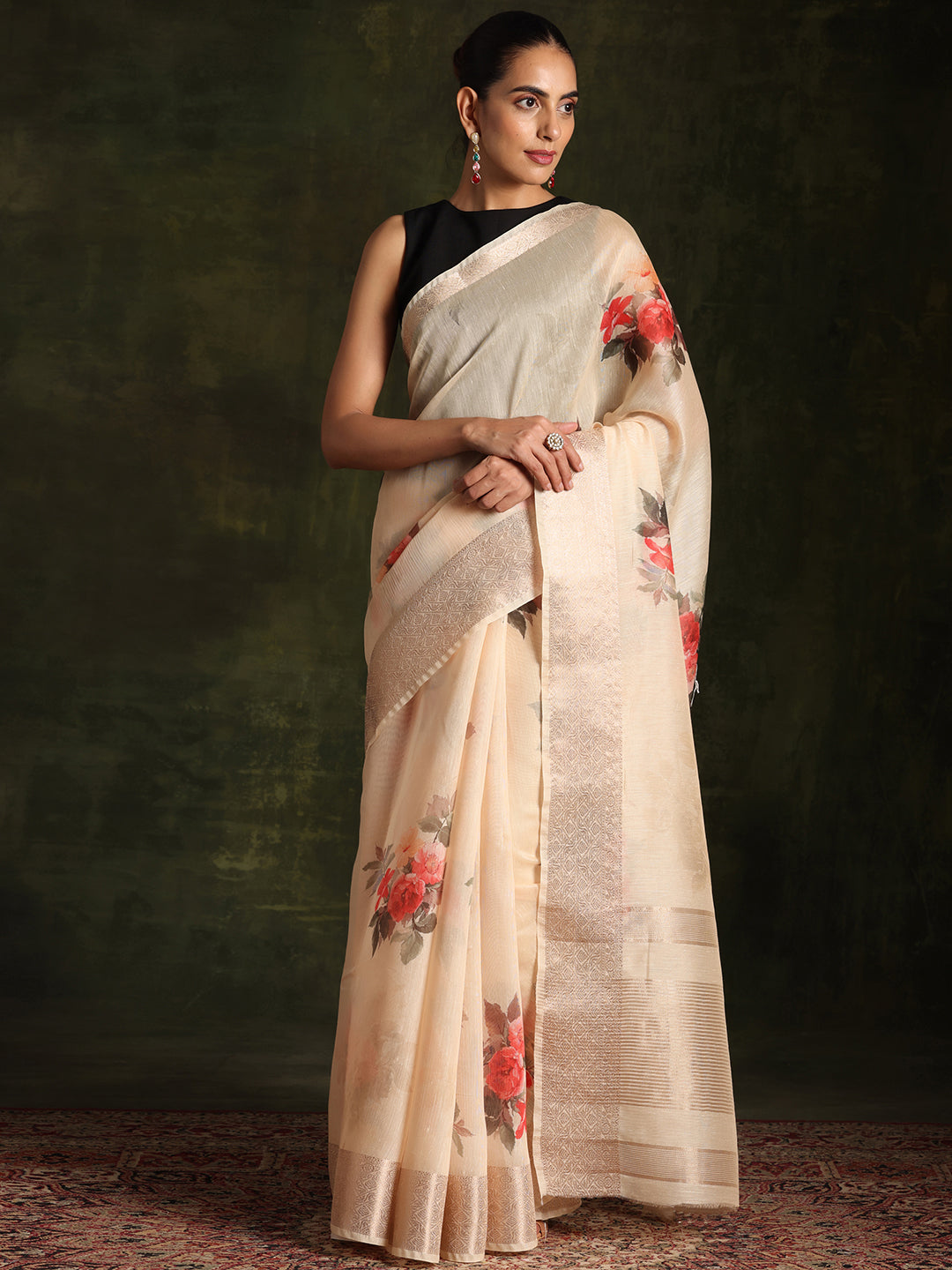 Yellow Printed Silk Blend Saree With Unstitched Blouse Piece