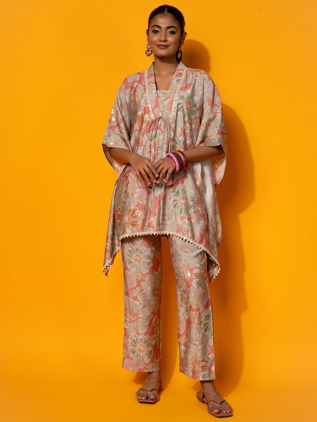 Peach Printed Silk Blend Co-Ords