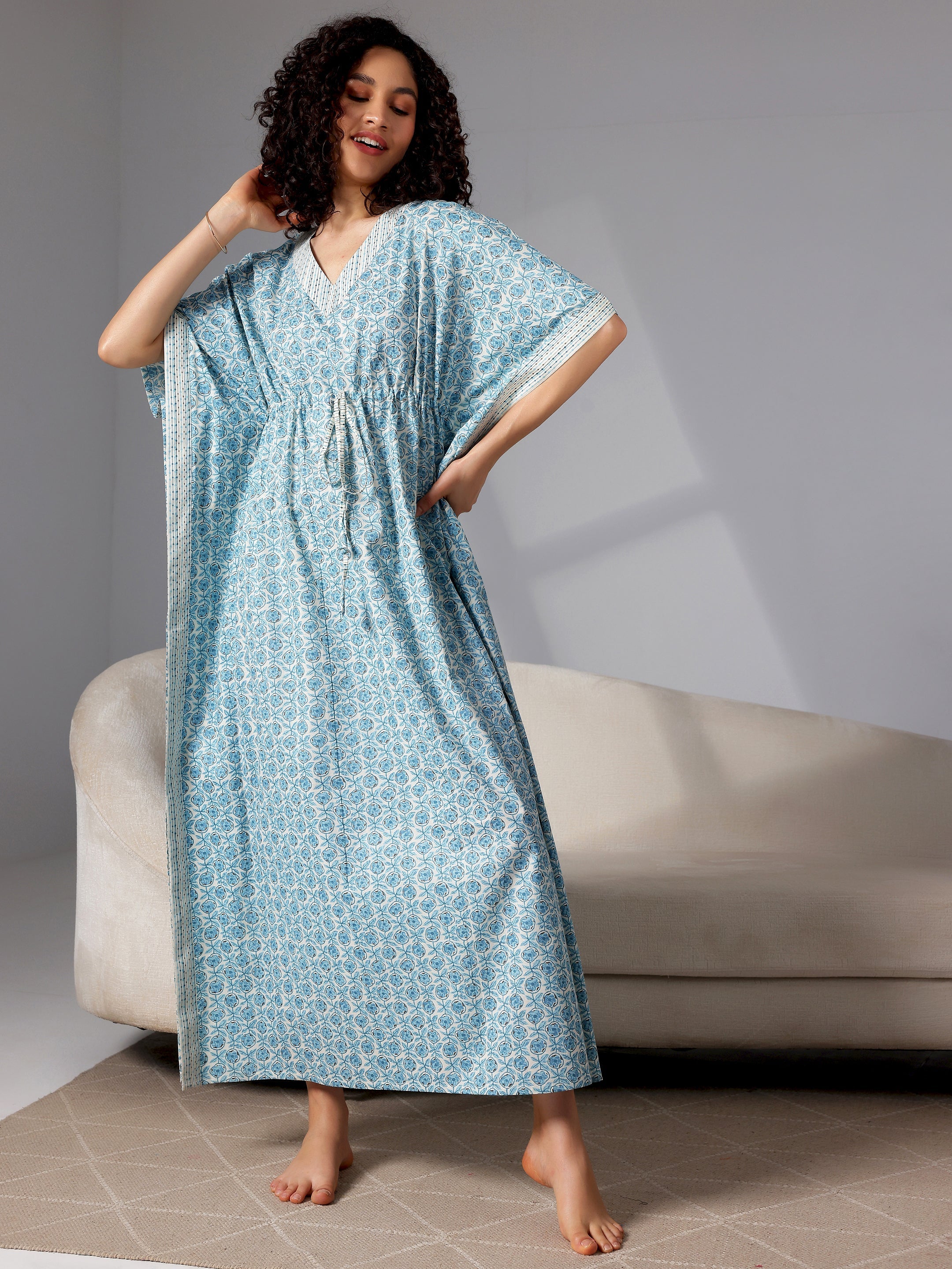 Blue Printed Cotton Kaftan Night Dress