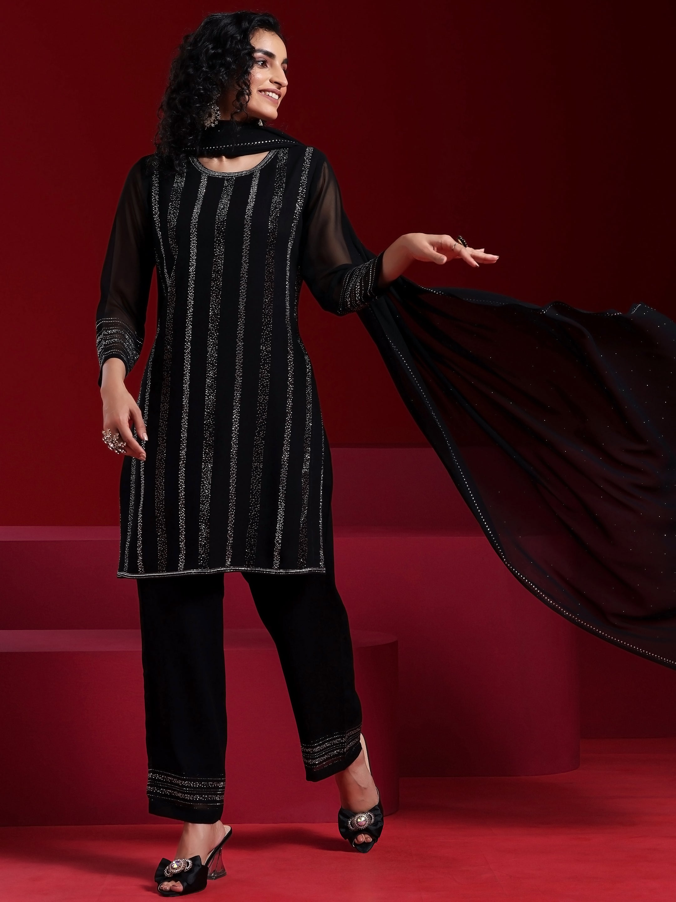 Libas Art Black Striped Georgette Straight Suit With Dupatta