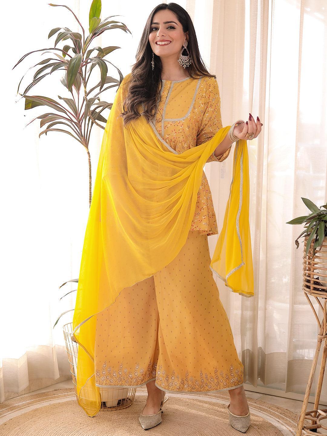 Mustard Printed Silk Blend Anarkali Suit Set With Palazzos