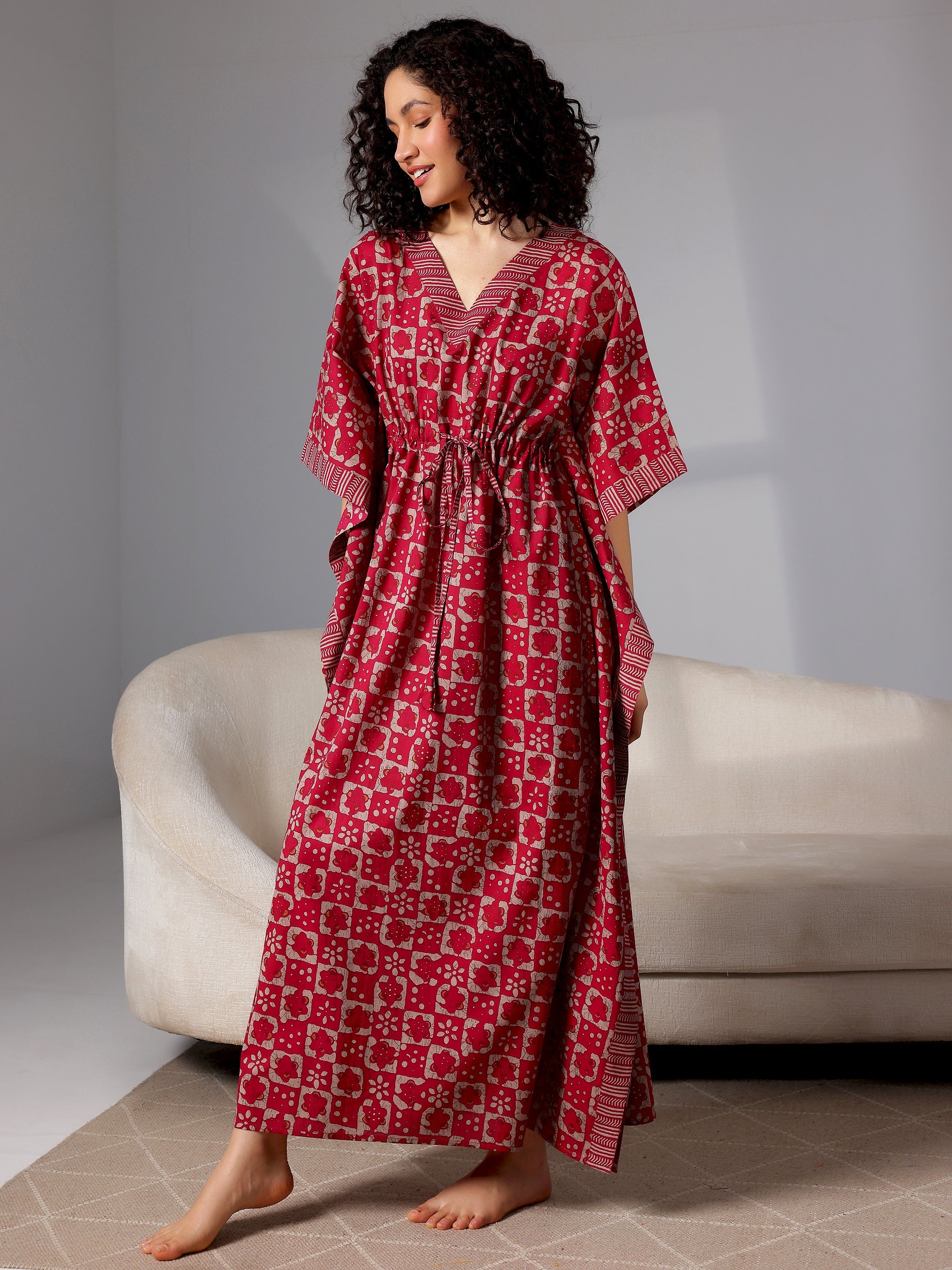 Magenta Printed Cotton Kaftan Night Dress