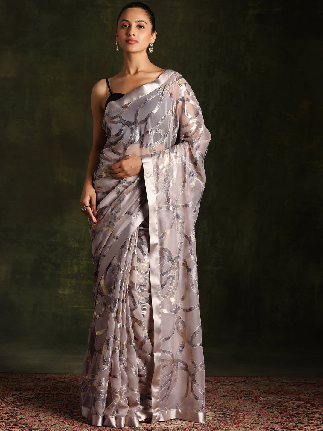 Grey Woven Design Brasso Saree With Unstitched Blouse Piece