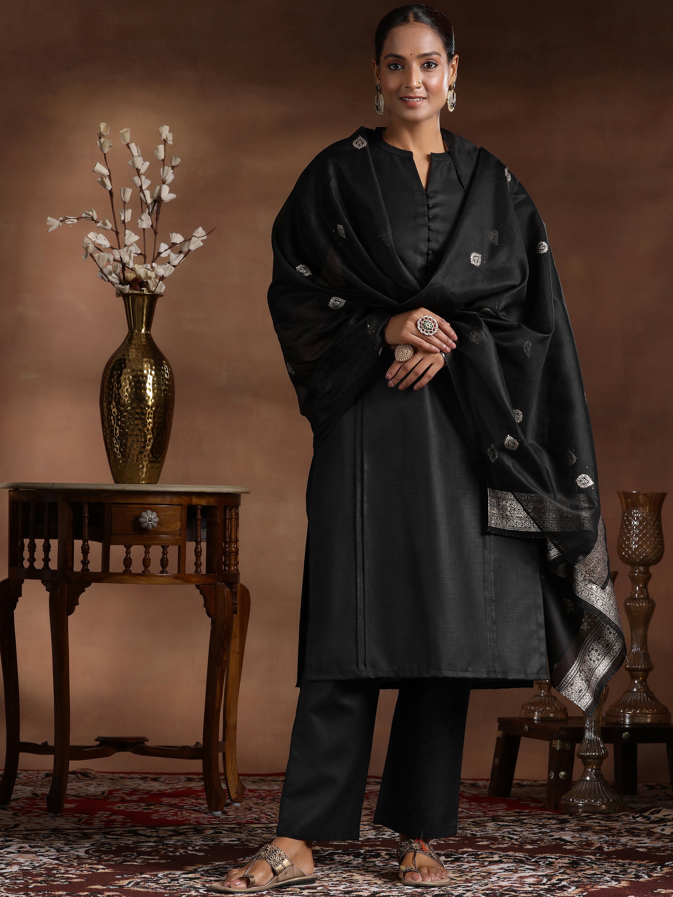 Black Solid Silk Blend Straight Suit With Dupatta