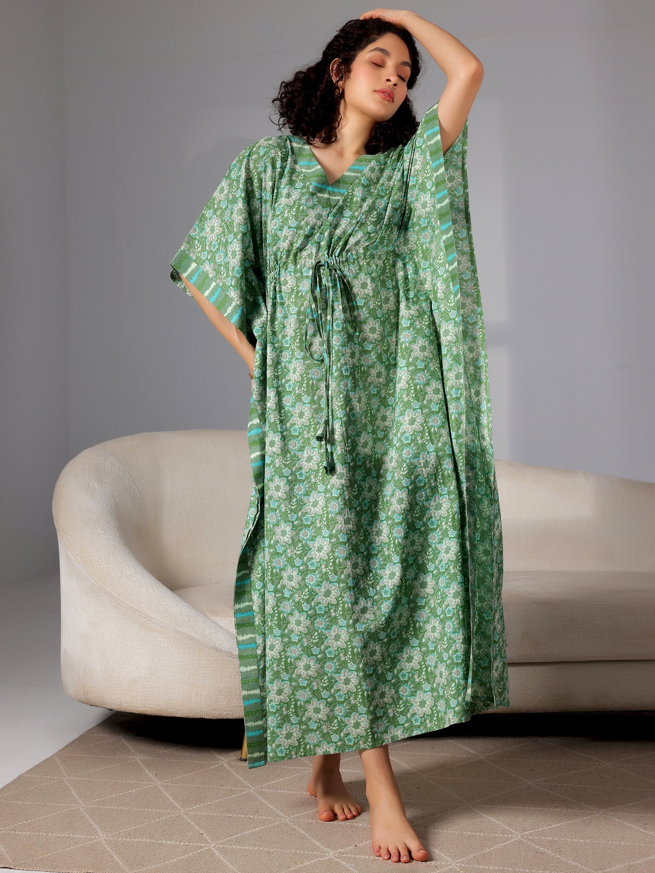 Green Printed Cotton Kaftan Night Dress