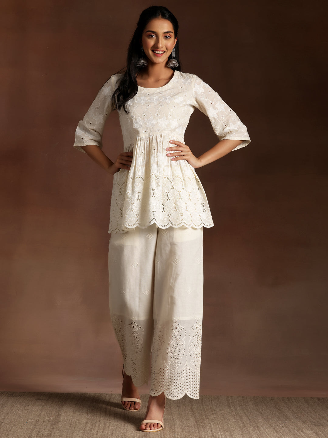 Rajnigandha Off White Embroidered Cotton A-Line Kurti