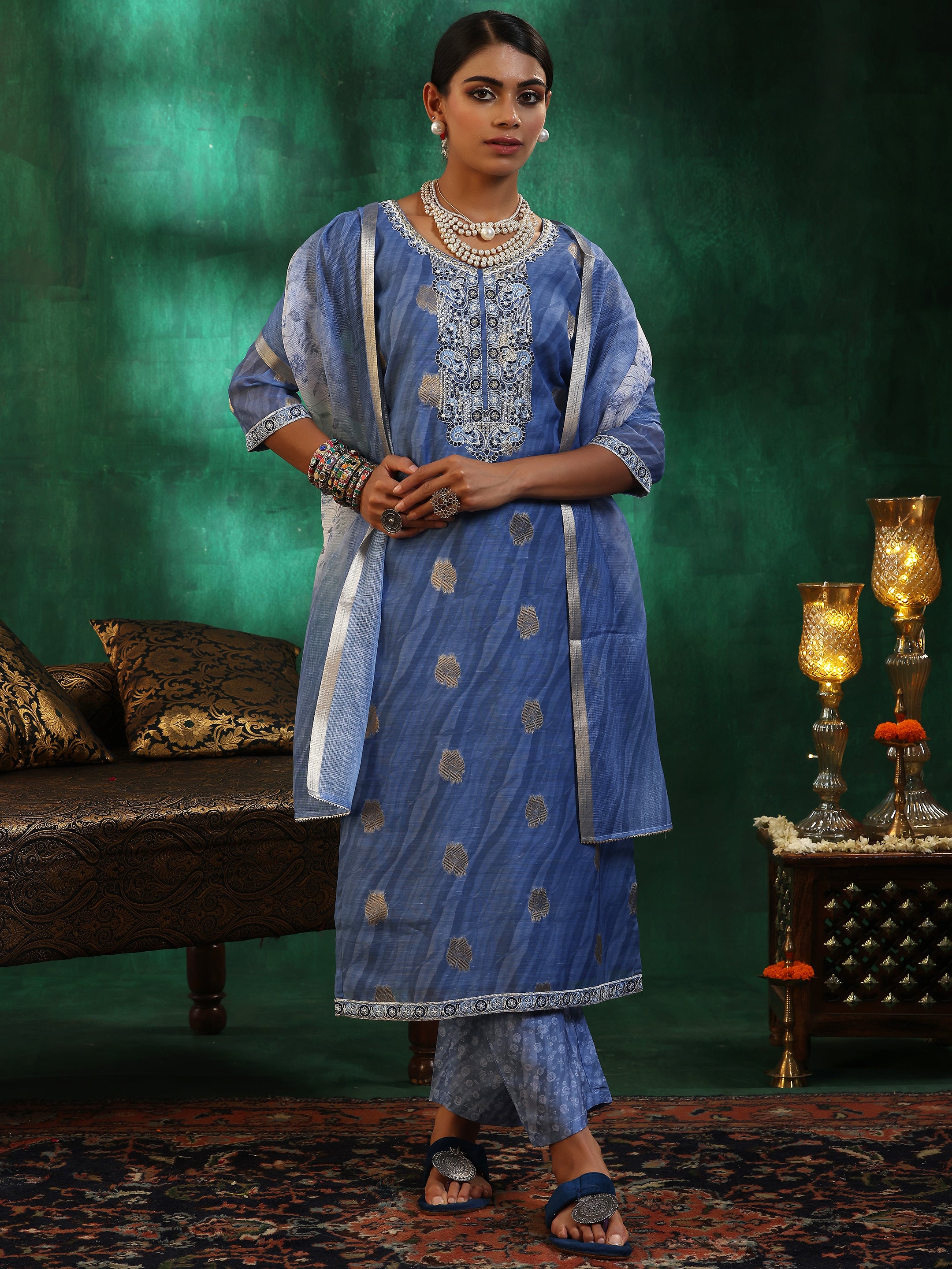 Blue Printed Silk Blend Straight Suit With Dupatta