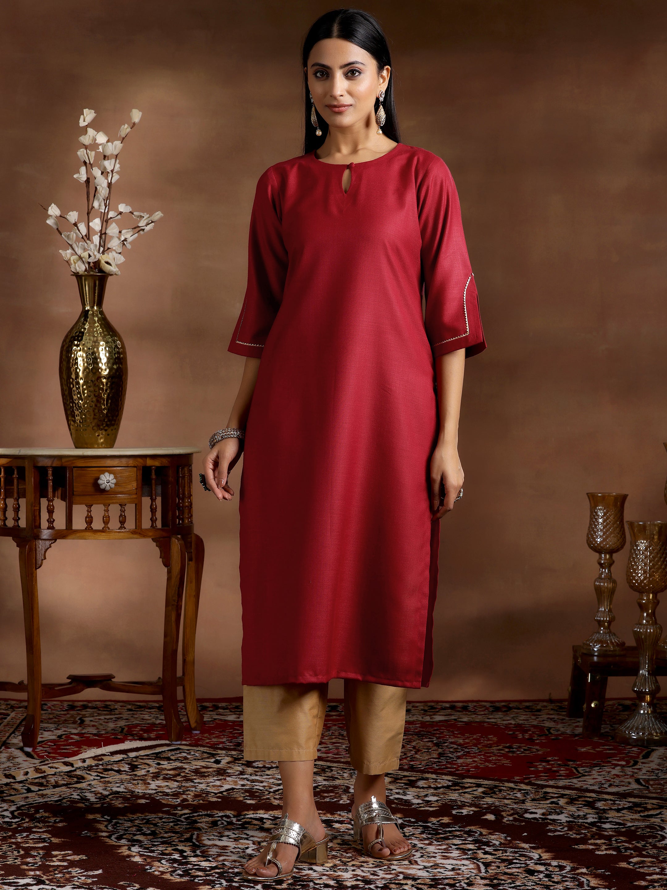 Maroon Solid Silk Straight Kurta