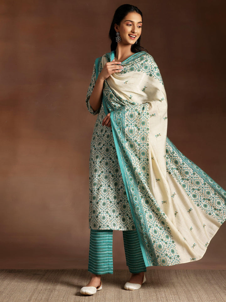 Blue Printed Silk Blend Straight Kurta With Trousers & Dupatta - ShopLibas