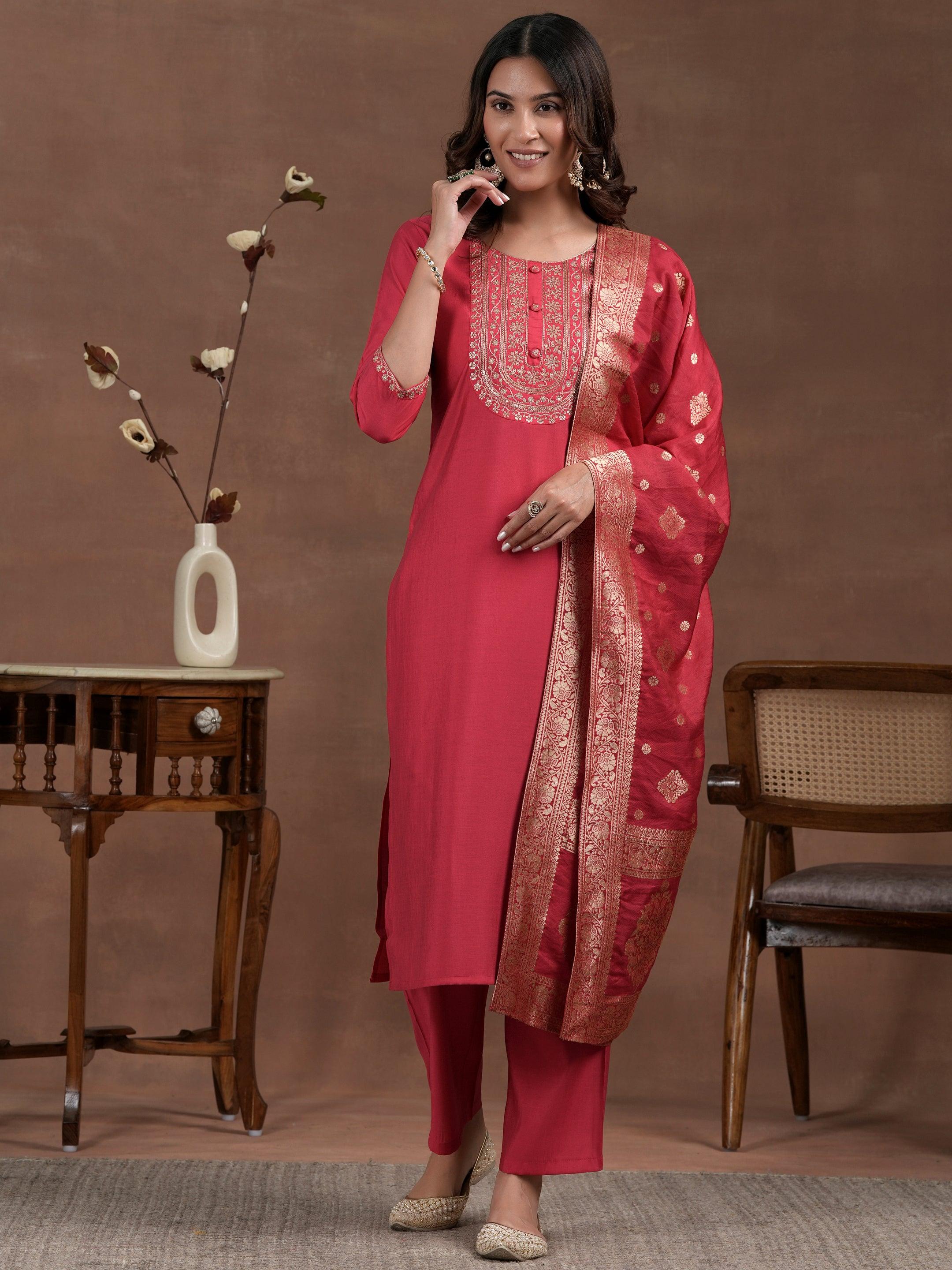 Pink Yoke Design Silk Blend Straight Suit With Dupatta